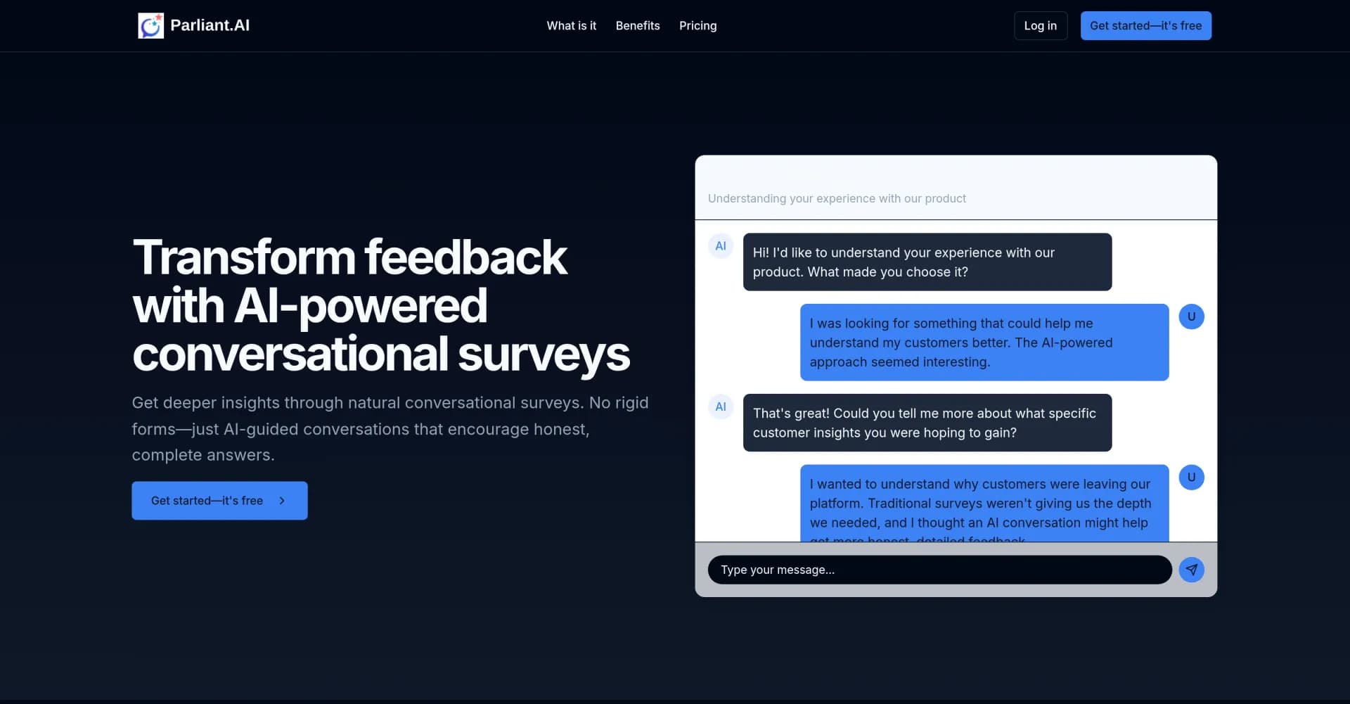 Parliant.AI homepage screenshot — AI-powered conversations for deeper customer insights.