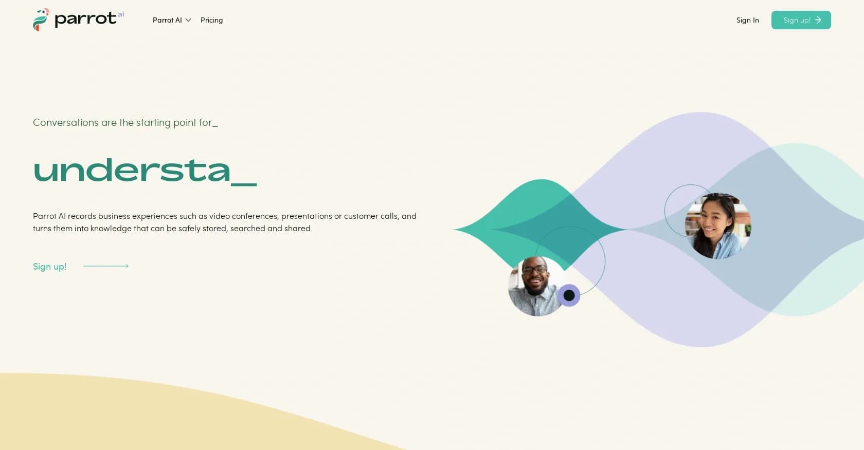 Parrot AI homepage screenshot — Store and process meeting summaries.