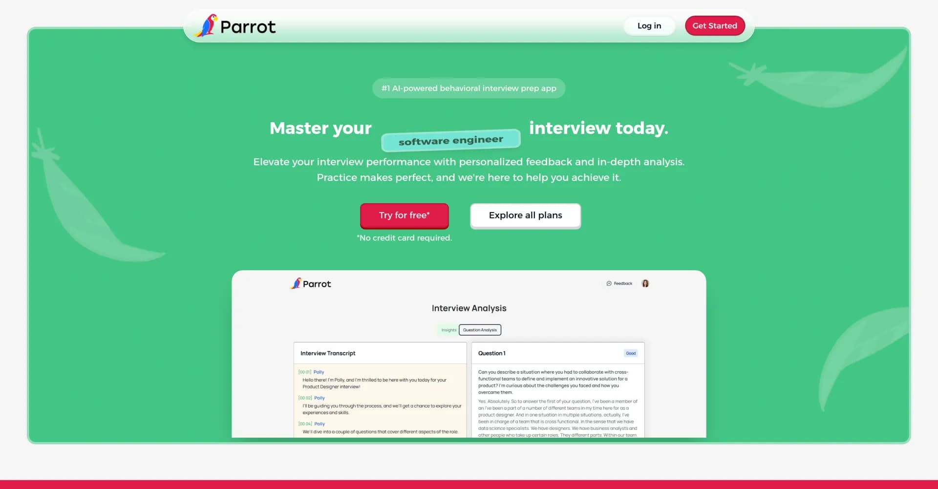 ParrotPrep homepage screenshot — Master interviews with AI-powered practice and feedback.