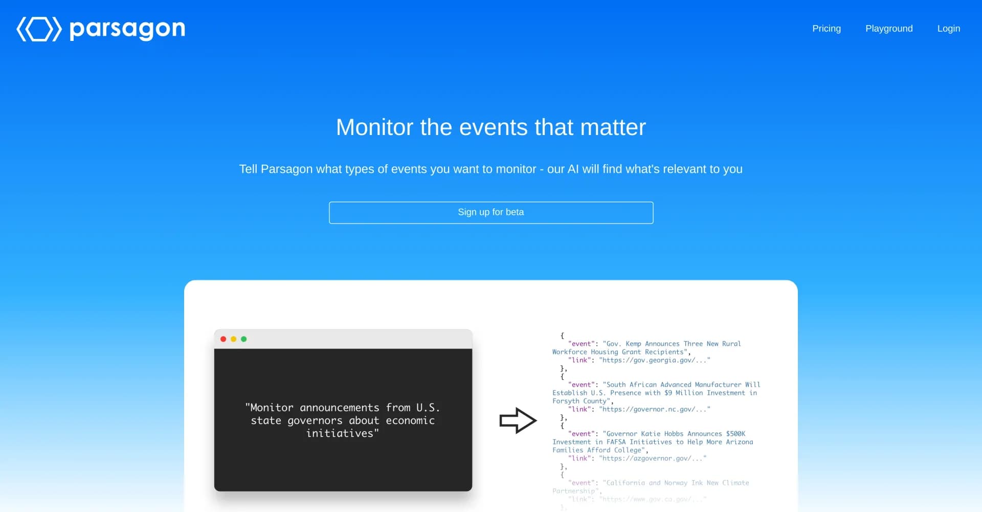 Parsagon homepage screenshot — AI-powered web event monitoring and analysis.