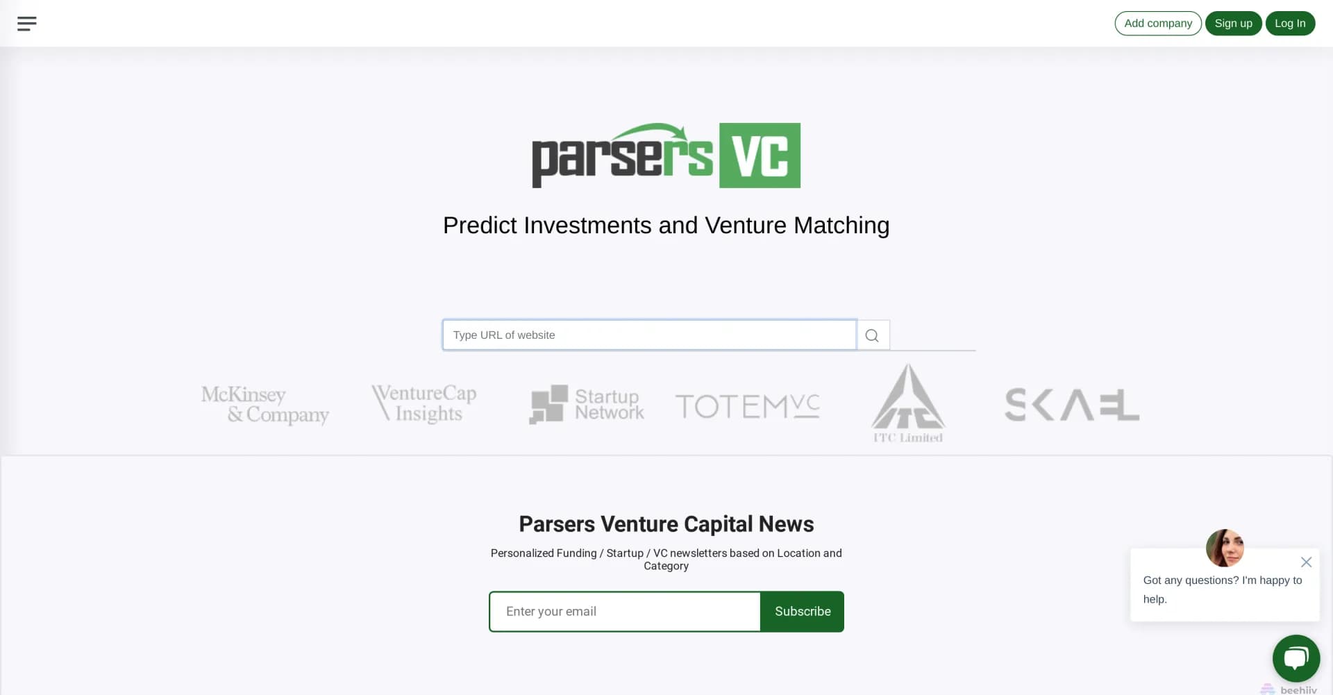 Parsers VC homepage screenshot — Match startups with VCs like Tinder for investments.