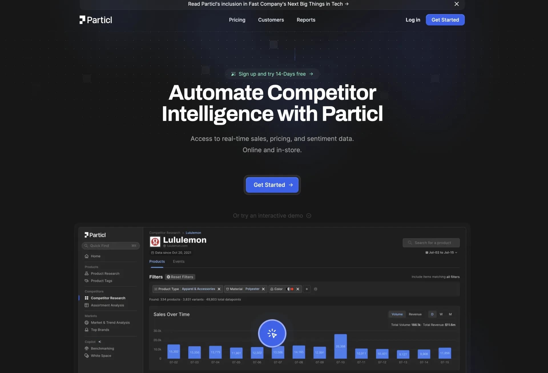 Particl homepage screenshot — Automate competitor intelligence for retailers with AI.