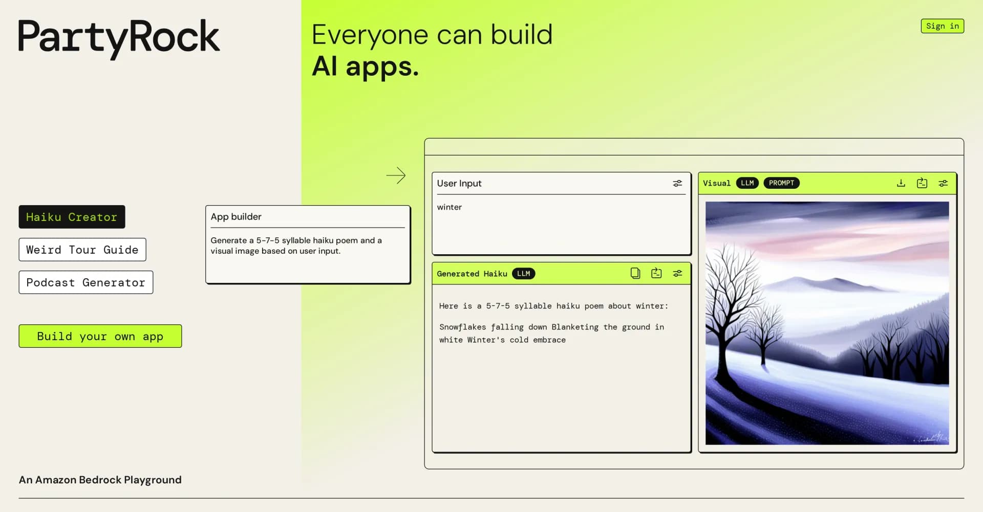 PartyRock homepage screenshot — Create AI-powered apps instantly