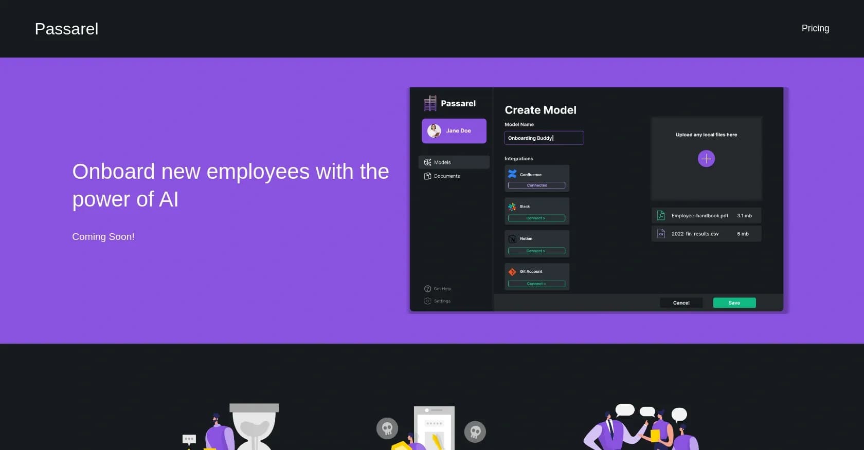 Passarel homepage screenshot — AI-powered onboarding for effortless employee training.
