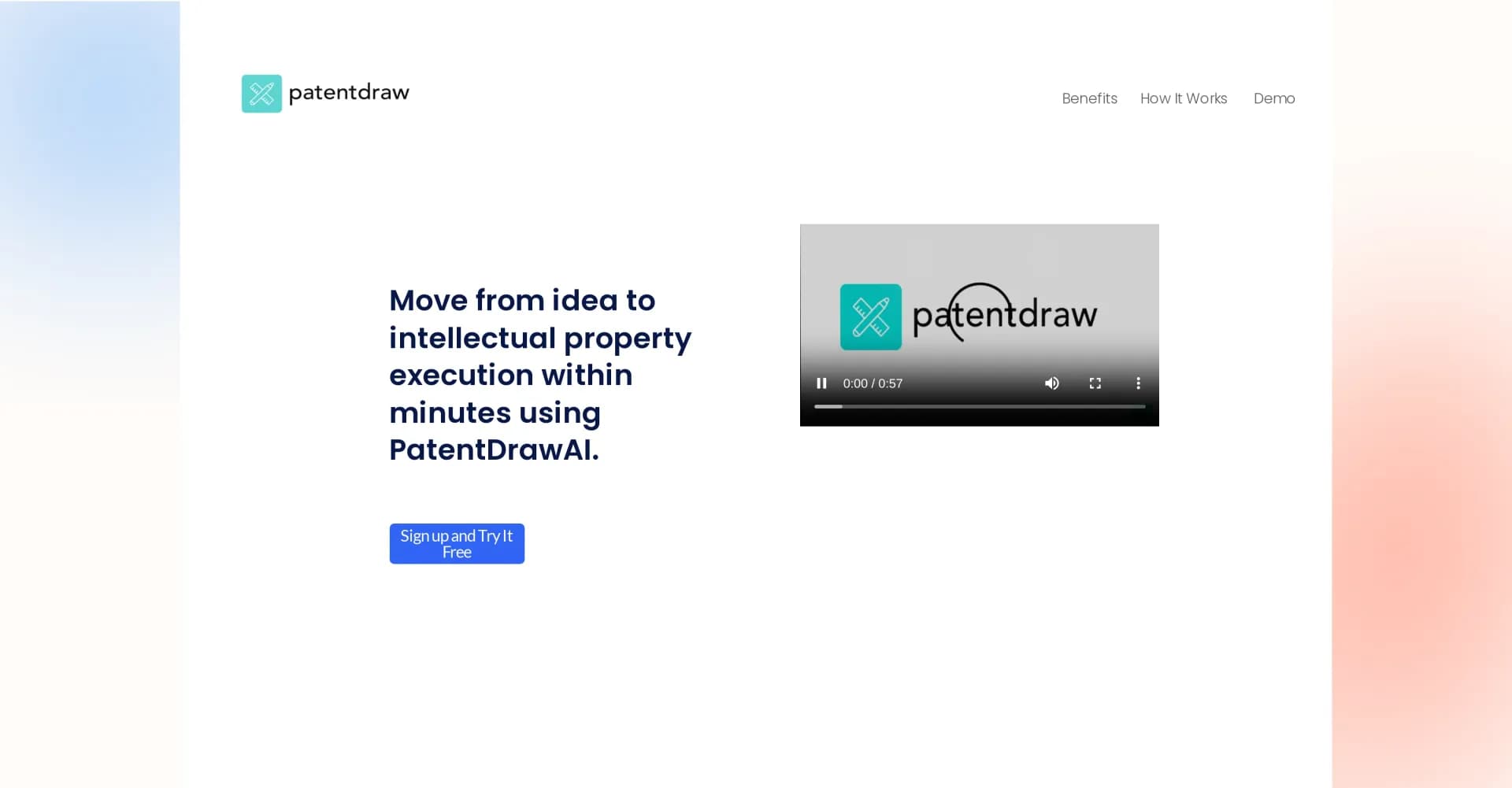 PatentDraw homepage screenshot — AI-powered patent drafting in minutes.