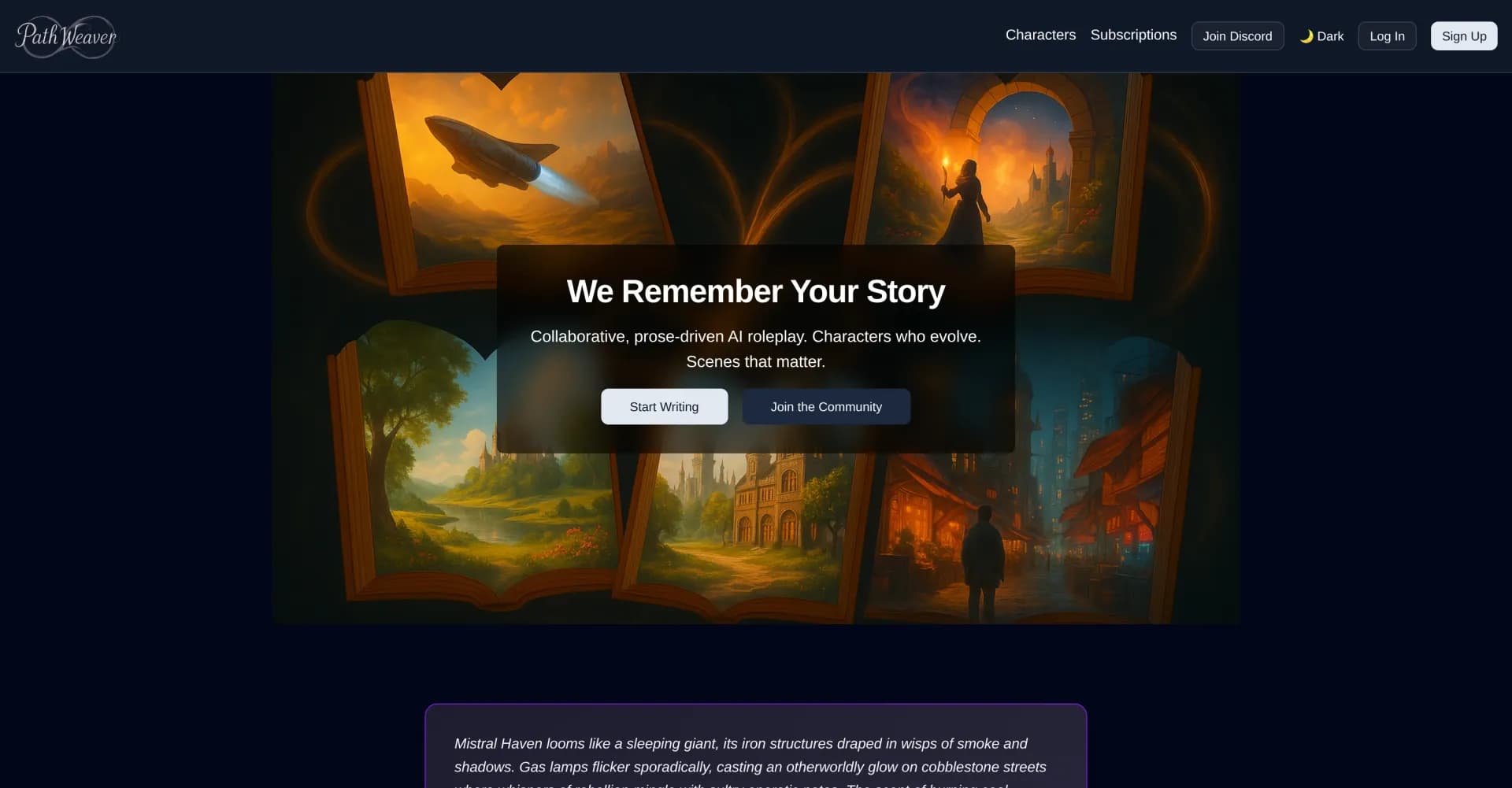Path Weaver homepage screenshot — AI-powered personalized roleplay partners