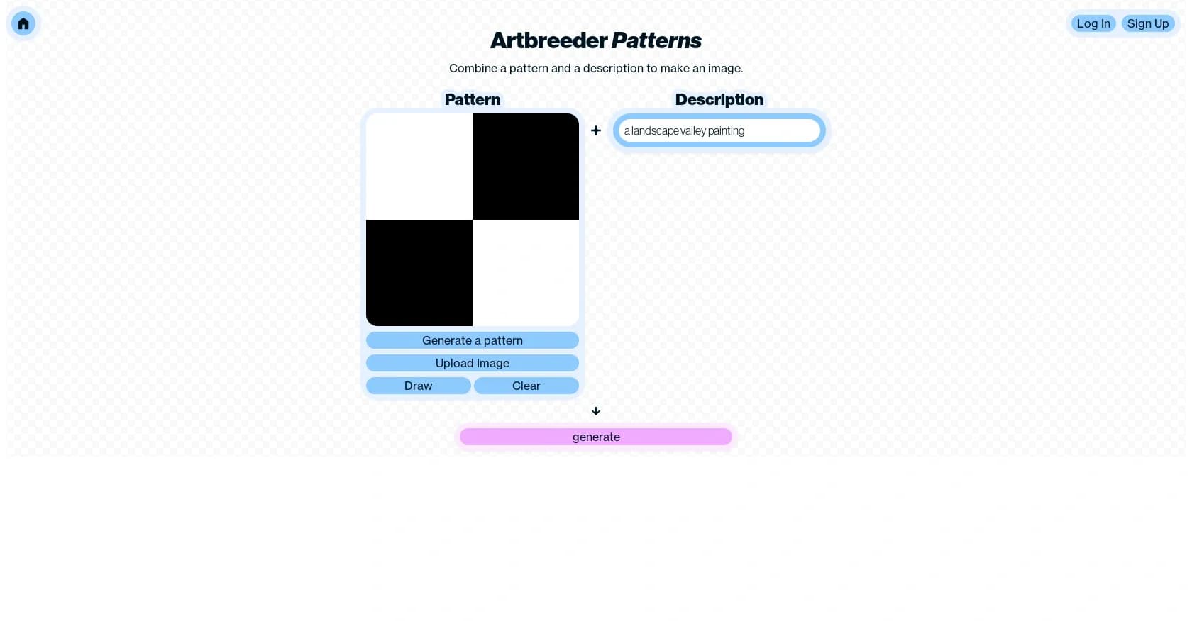 Patterns by Artbreeder homepage screenshot — Combine patterns and words to create art.