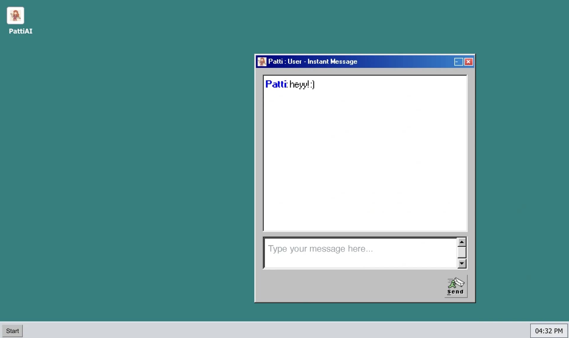 Patti homepage screenshot — Talk to Patti. A retro AI with modern attitude.