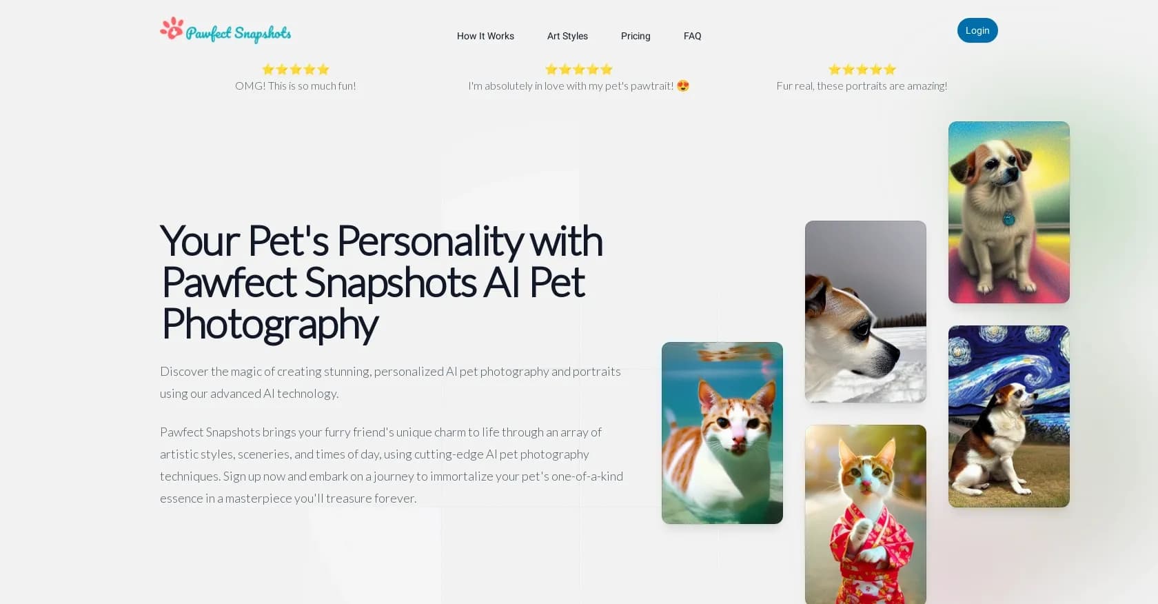 Pawfect Snapshots homepage screenshot — Create stunning AI pet portraits in seconds.