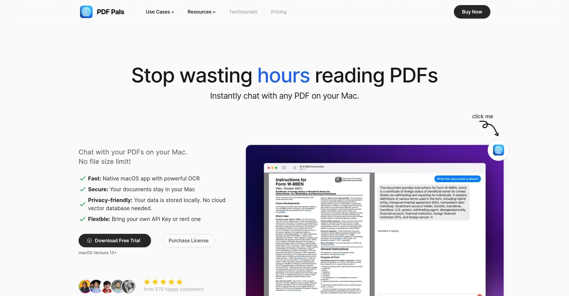 PDF-Pals homepage screenshot — Chat with any PDF on your Mac instantly.