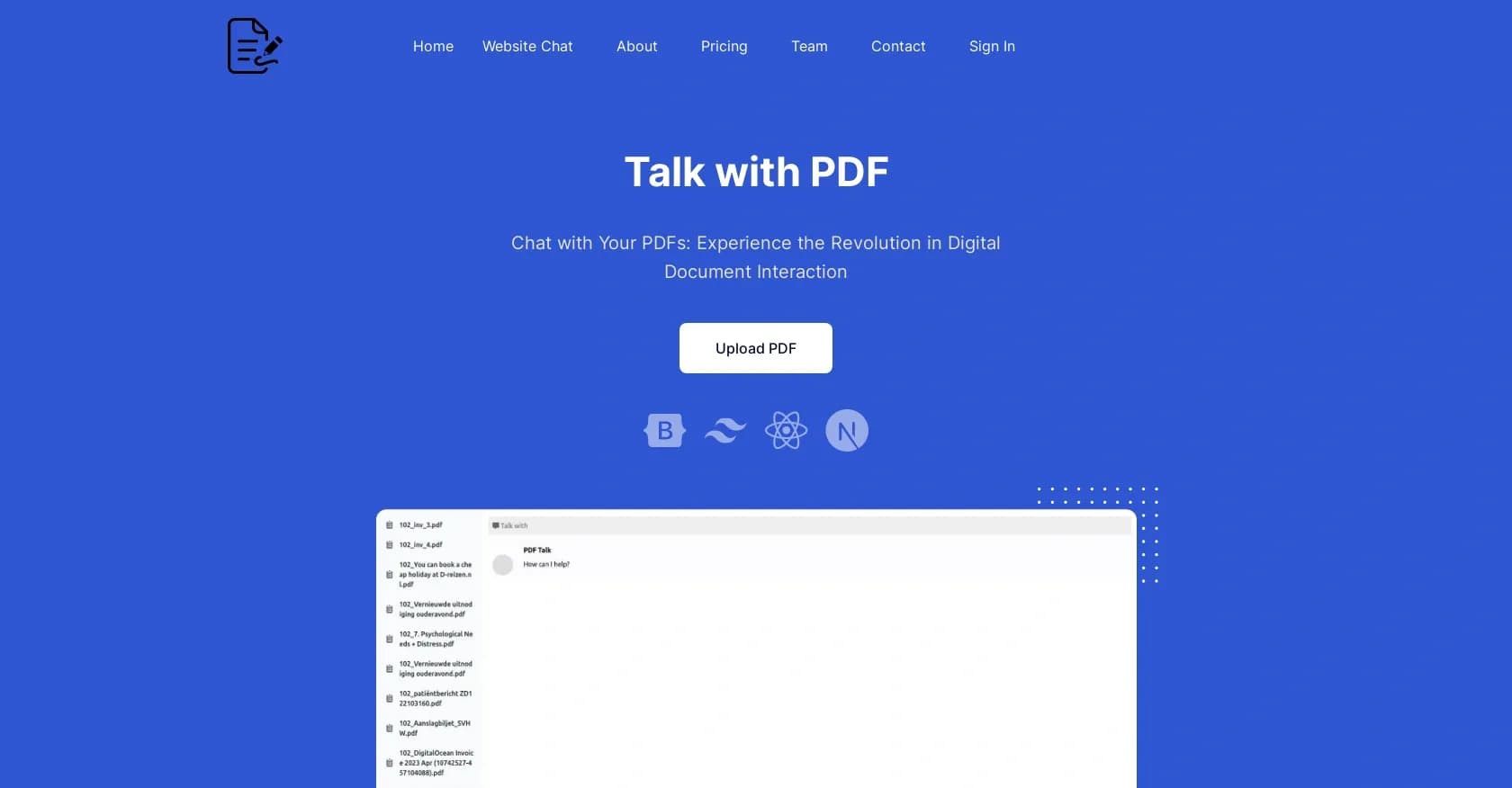 PDF Talk homepage screenshot — Chat with your PDFs: Revolutionize document interaction.
