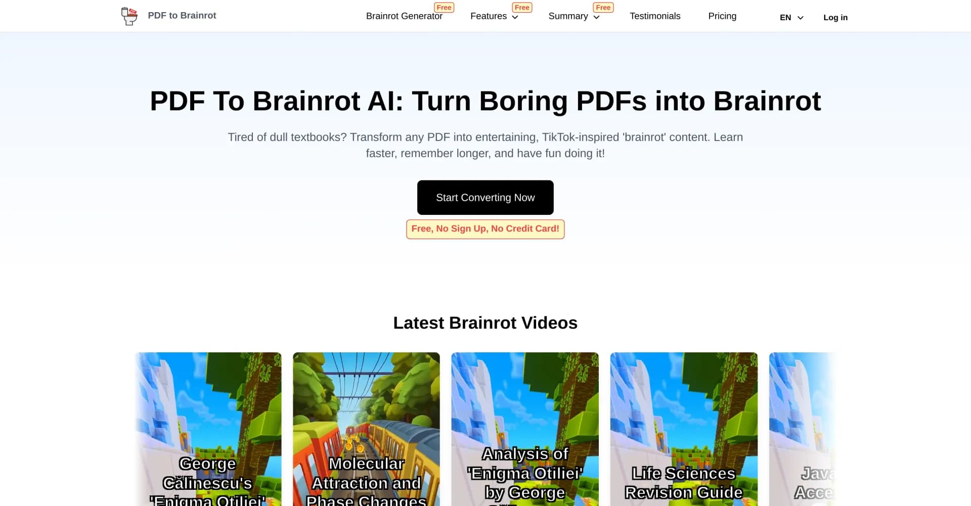 PDF To Brainrot AI homepage screenshot — Transform PDFs into addictive TikTok-style videos.