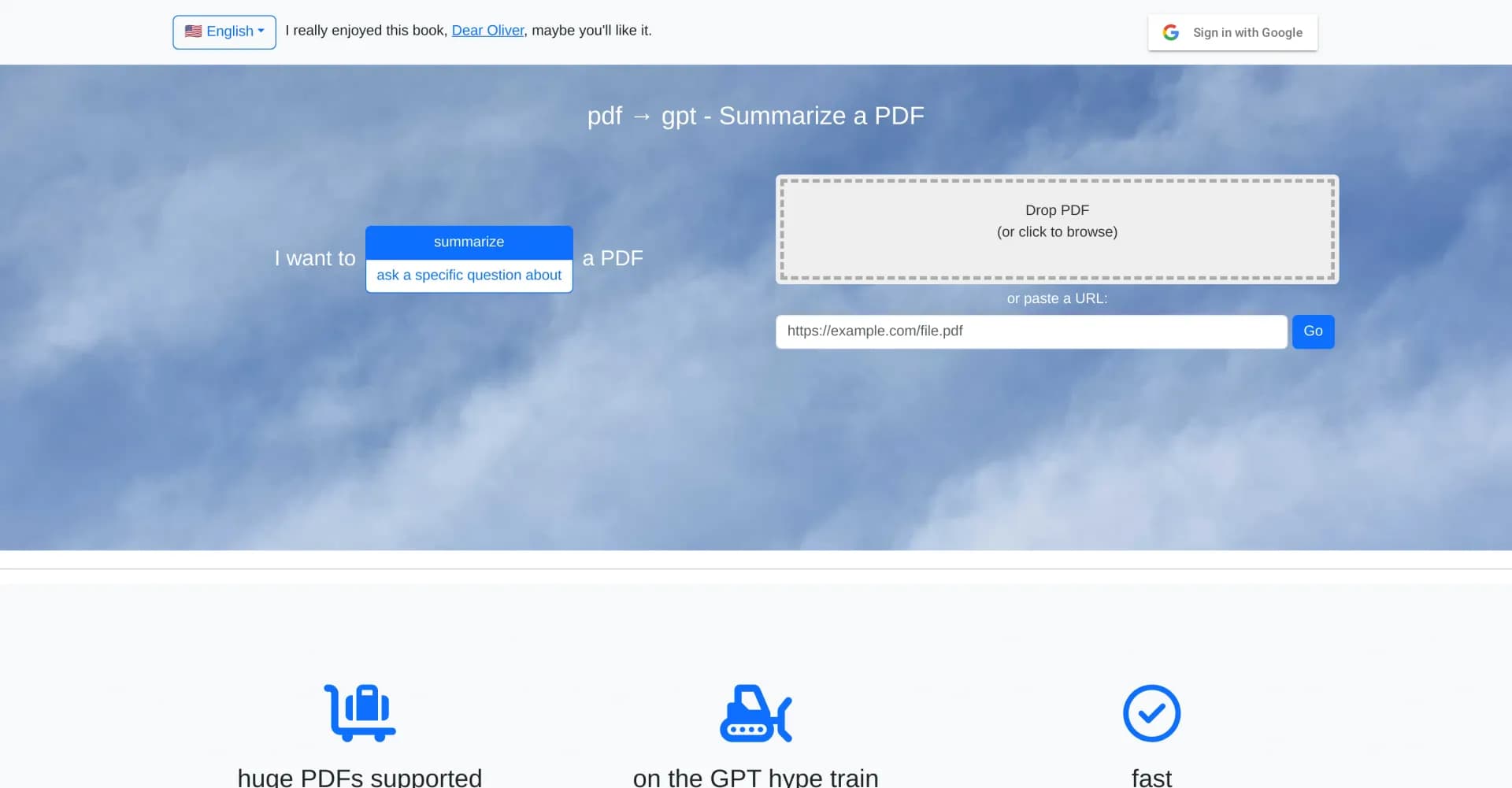 pdf2gpt homepage screenshot — Summarize PDFs with GPT: Full text to concise insights.
