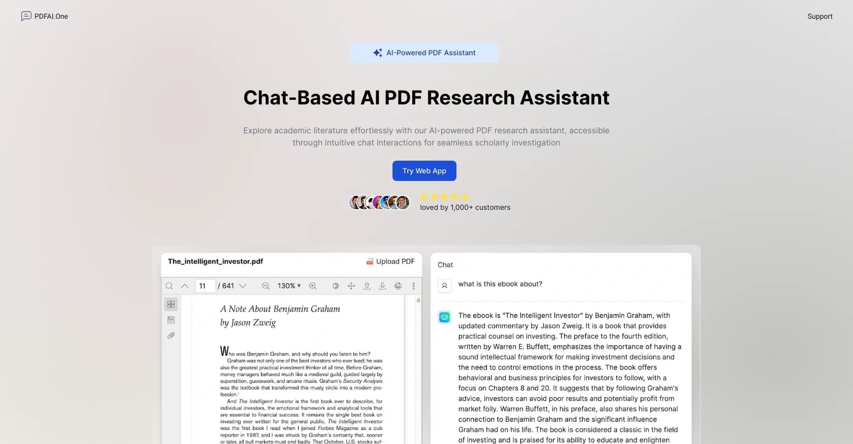 PDFAI.one homepage screenshot — Chat with PDFs for instant insights and answers.