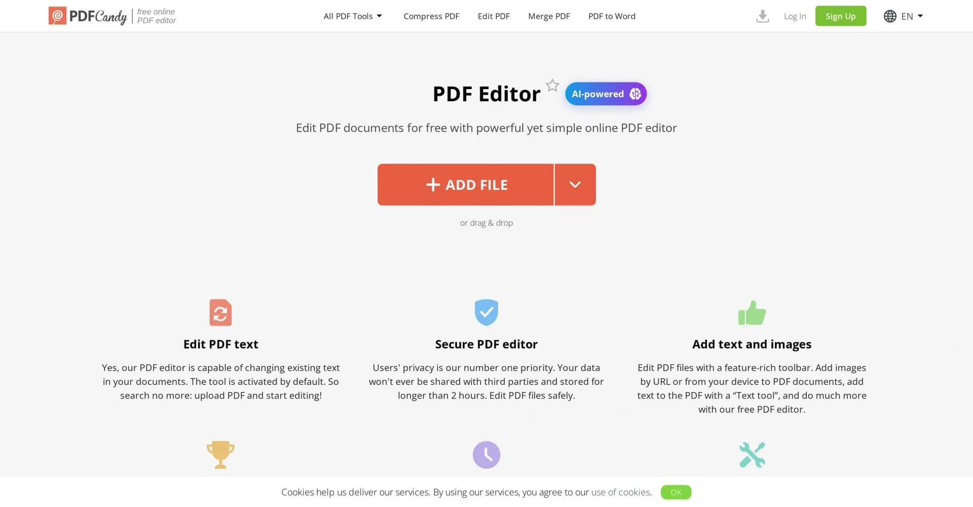 PDFCandy PDF Editor homepage screenshot — Edit PDFs online for free with powerful tools