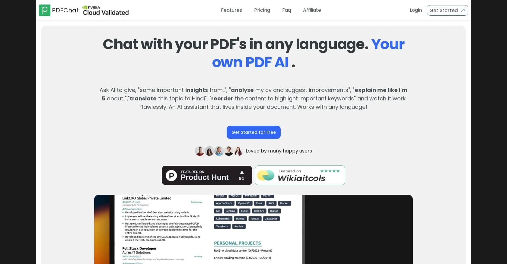 PDFChat homepage screenshot — Chat with any PDF document in any language using AI.