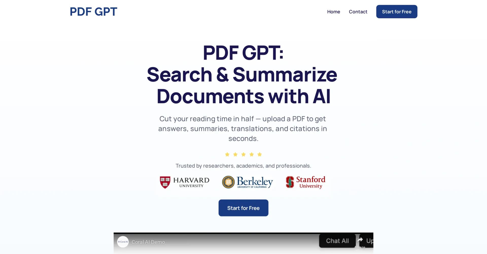 PDFGPT.Chat homepage screenshot — Search & summarize PDFs with AI in seconds
