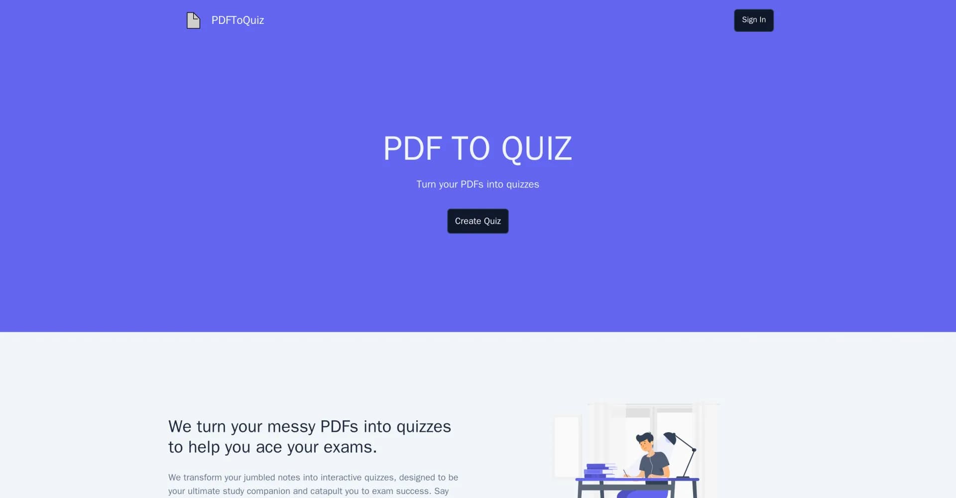PDFToQuiz homepage screenshot — Turn your PDFs into quizzes