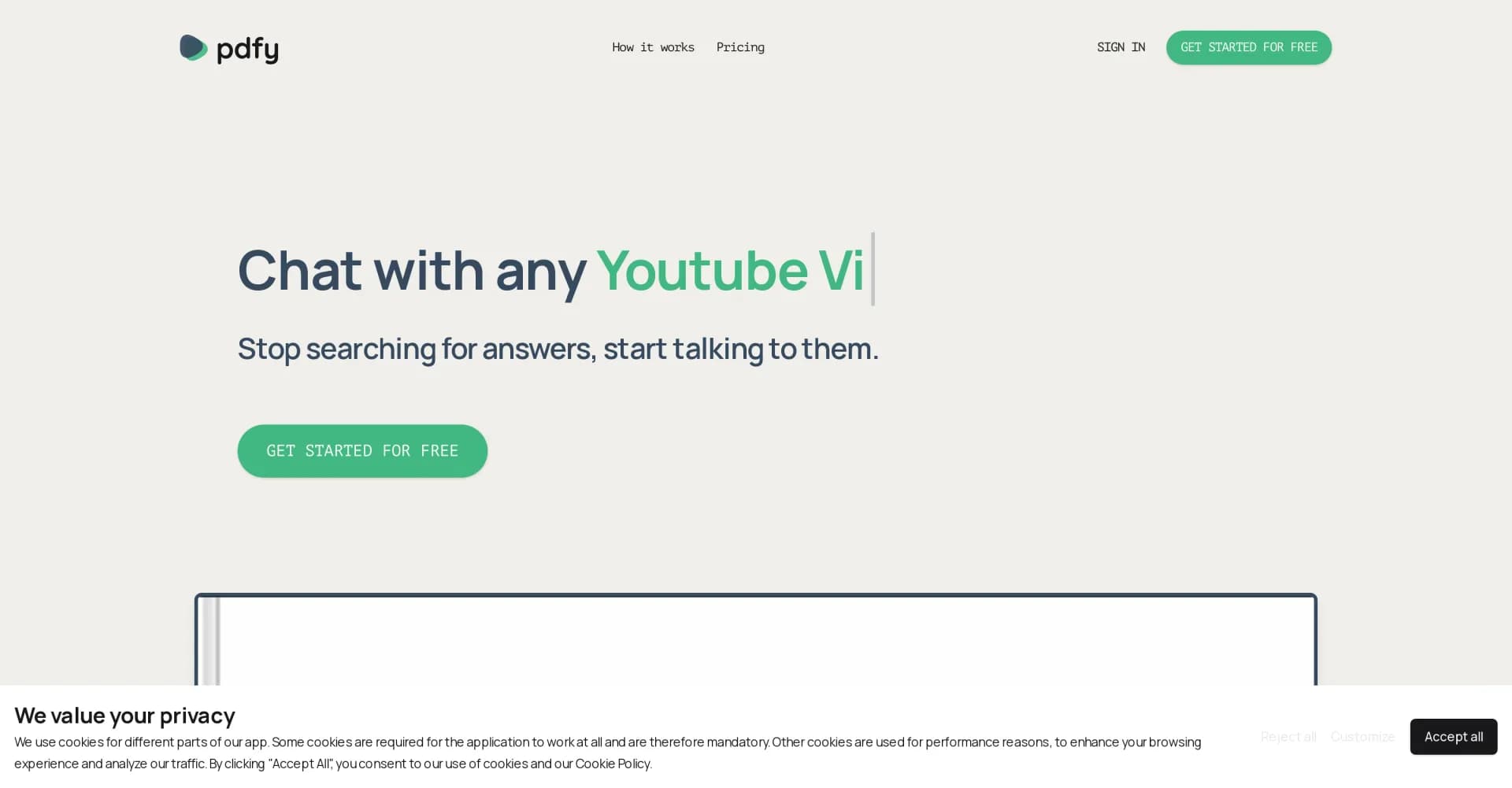 Pdfy homepage screenshot — Chat with any PDF, website, audio or video.