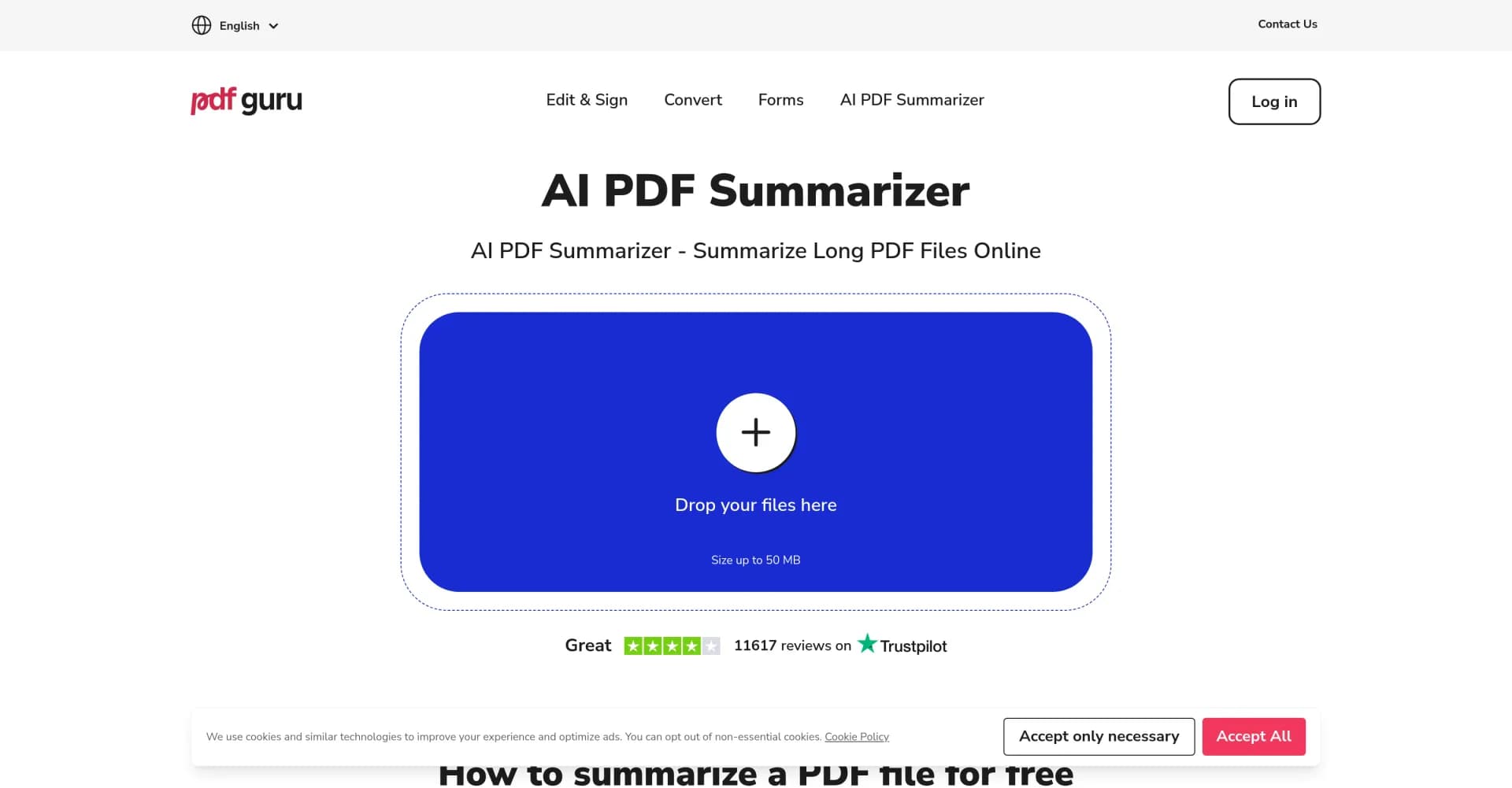 PDF Guru - AI PDF Summarizer homepage screenshot — Summarize PDFs quickly with AI-powered insights.