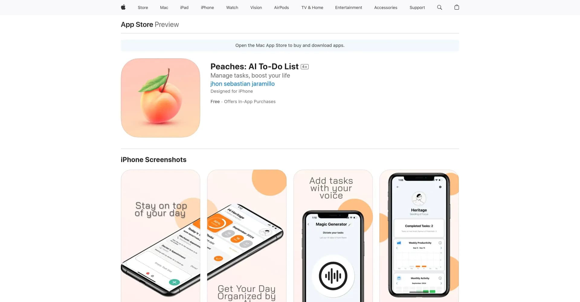 Peaches: AI To-Do List homepage screenshot — AI-powered to-do list with voice task management