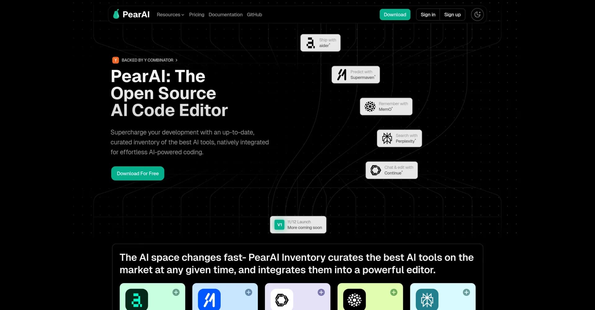 PearAI homepage screenshot — Open-source AI code editor for fast development