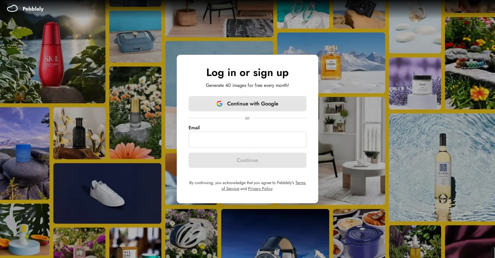 Pebblely homepage screenshot — Create stunning product photos with AI