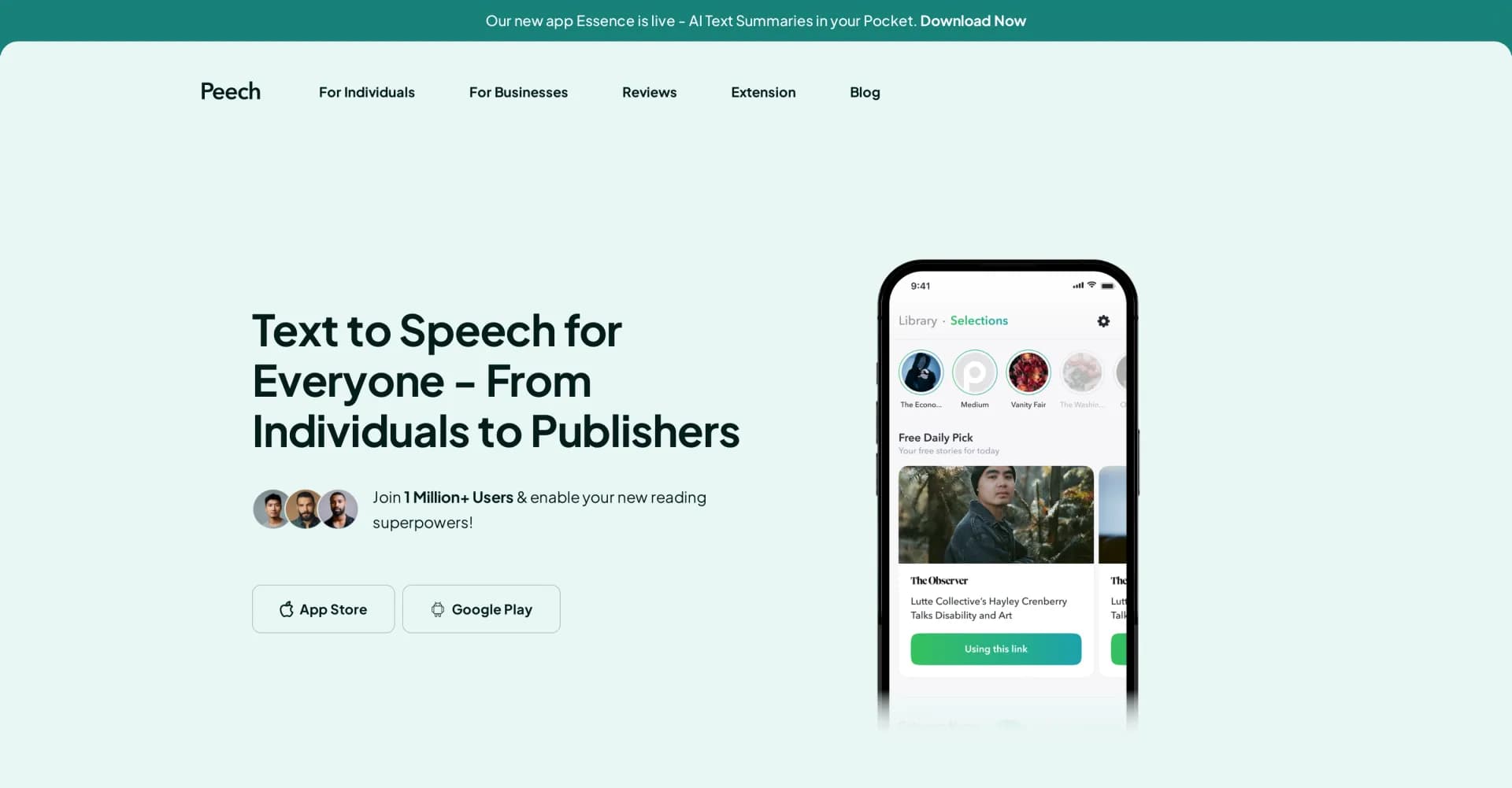 Peech App homepage screenshot — Convert any text into captivating audiobooks.