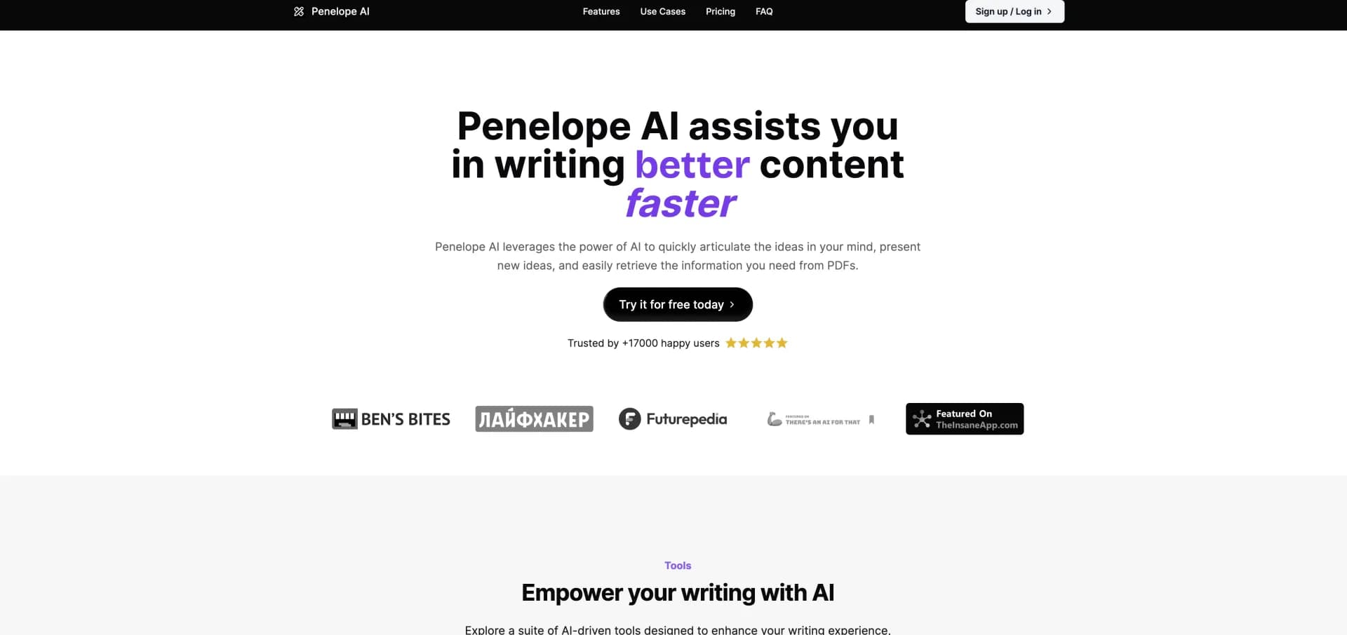 Penelope AI homepage screenshot — AI-powered markdown editor for effortless writing