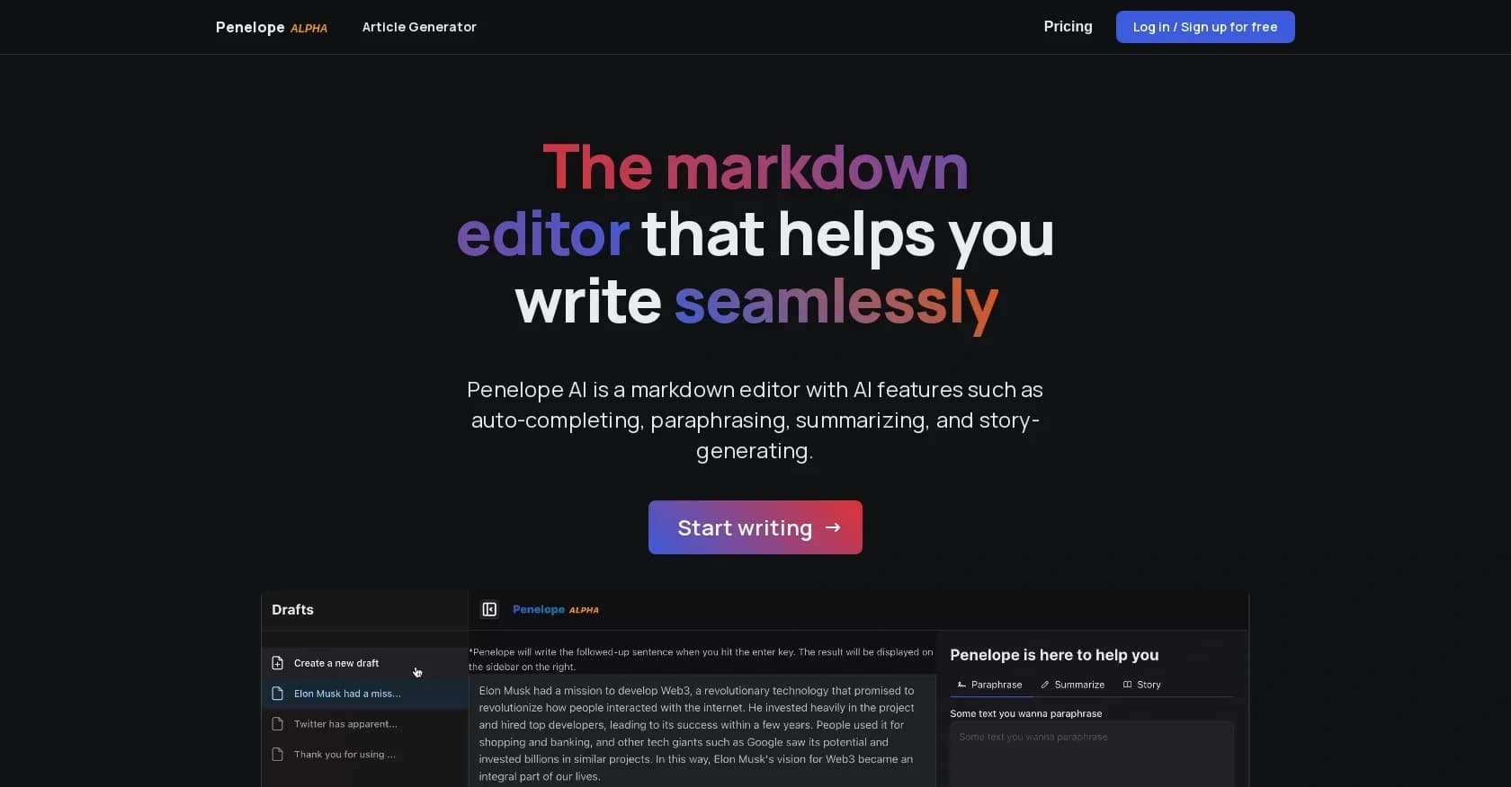 Penelope AI homepage screenshot — AI-powered markdown editor for seamless writing.
