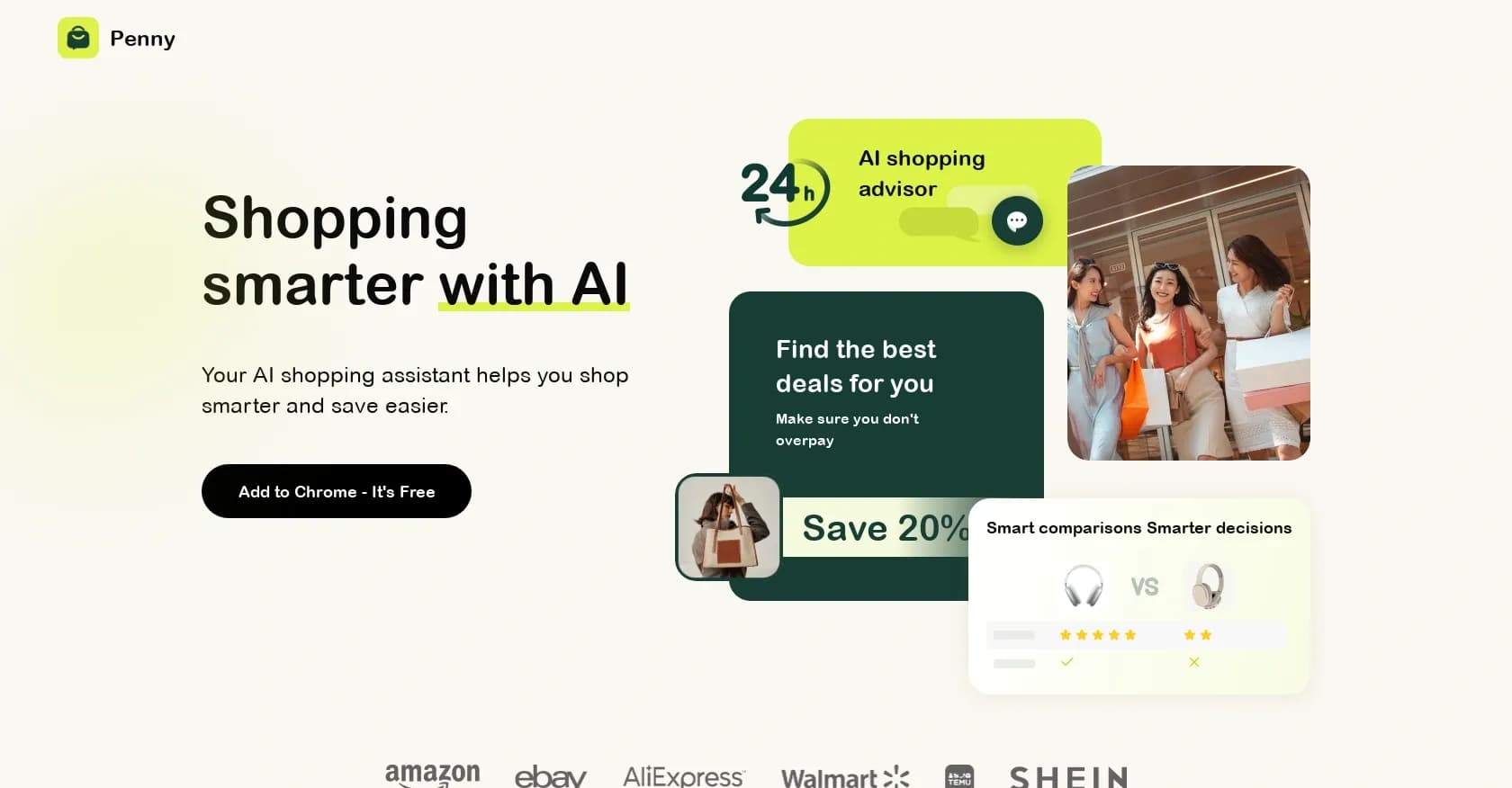 Penny homepage screenshot — AI shopping assistant for smarter decisions and savings