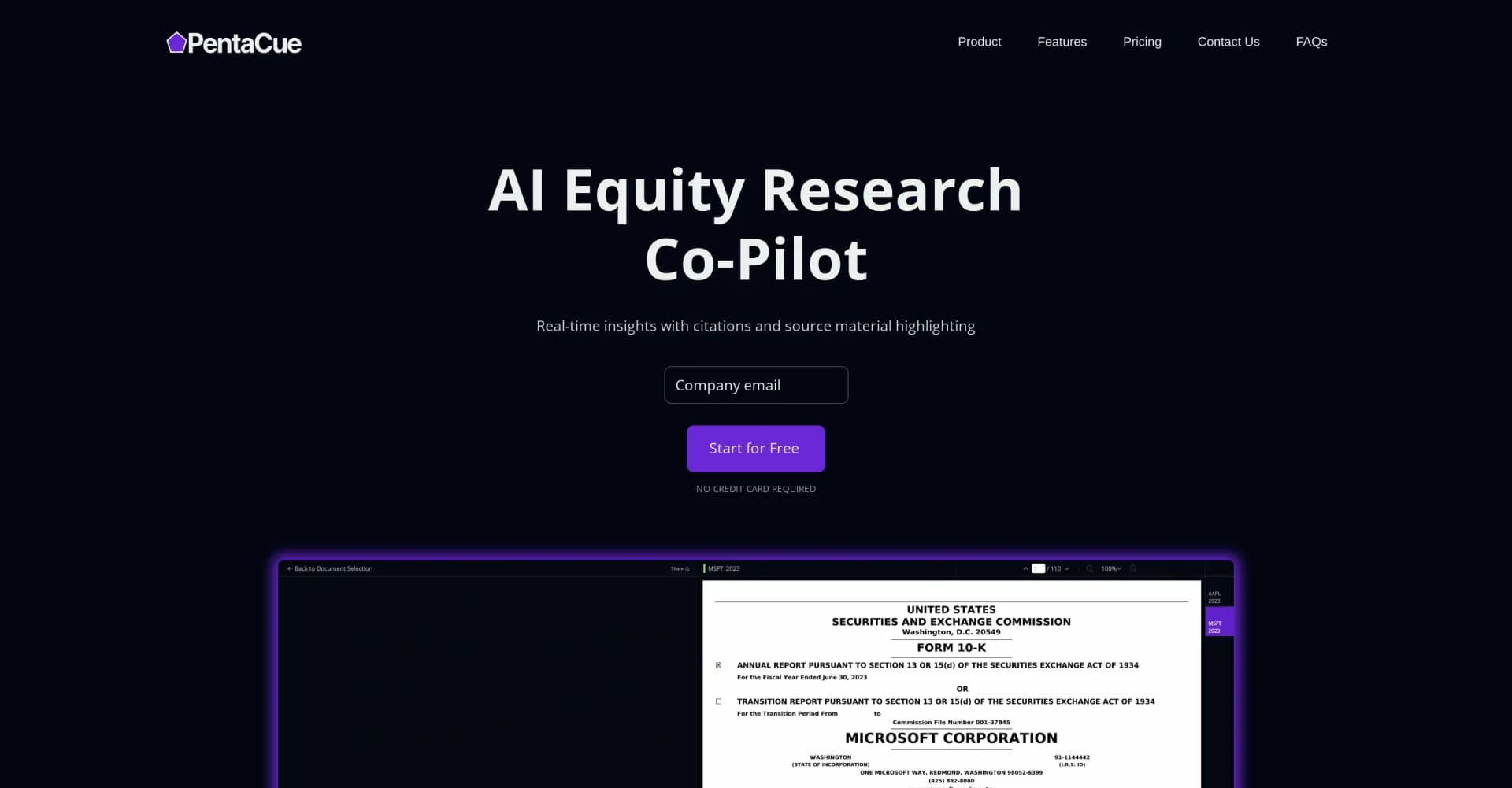 PentaCue homepage screenshot — AI equity research co-pilot with real-time insights