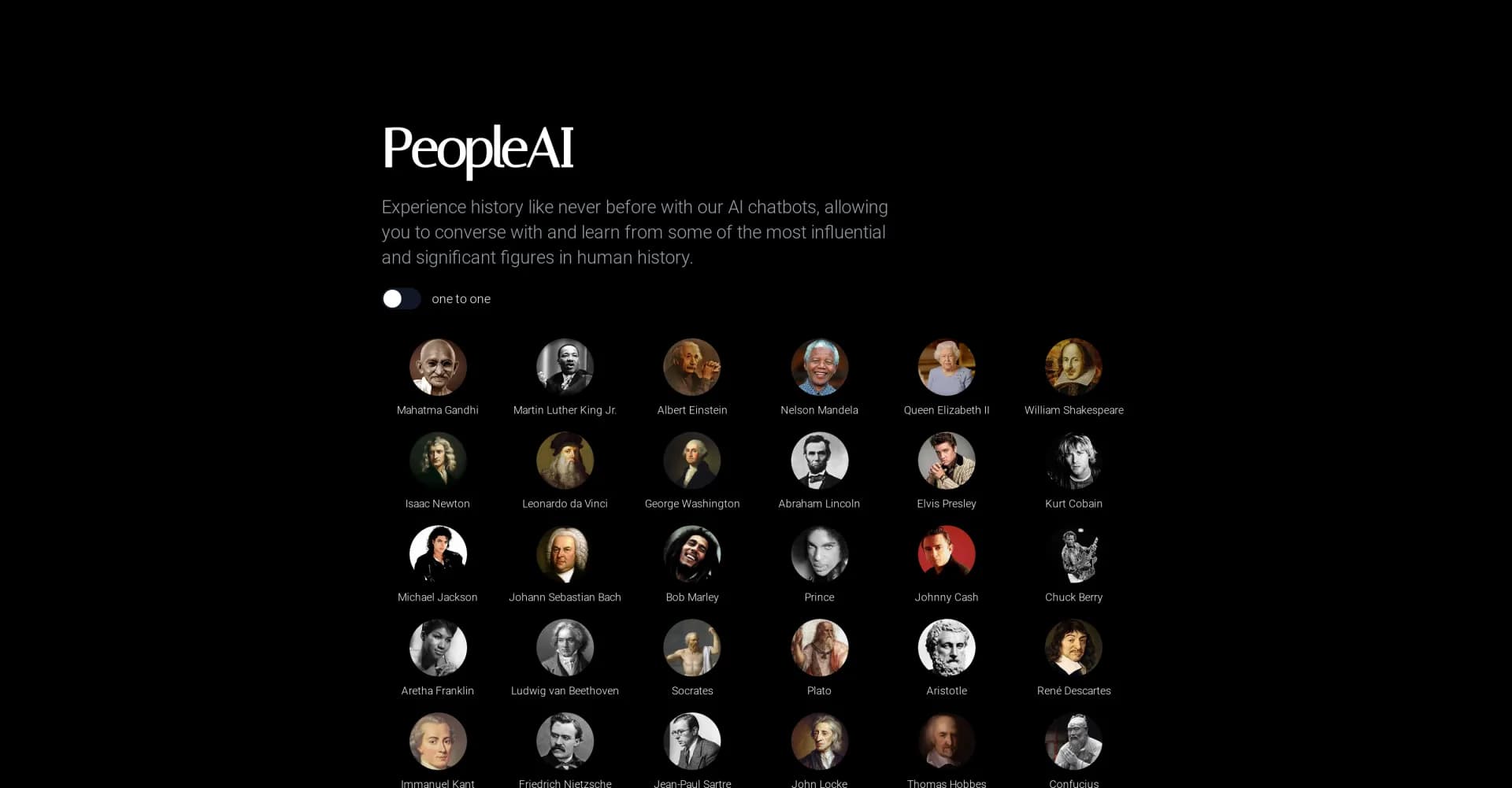 PeopleAI homepage screenshot — Chat with history's most influential figures.