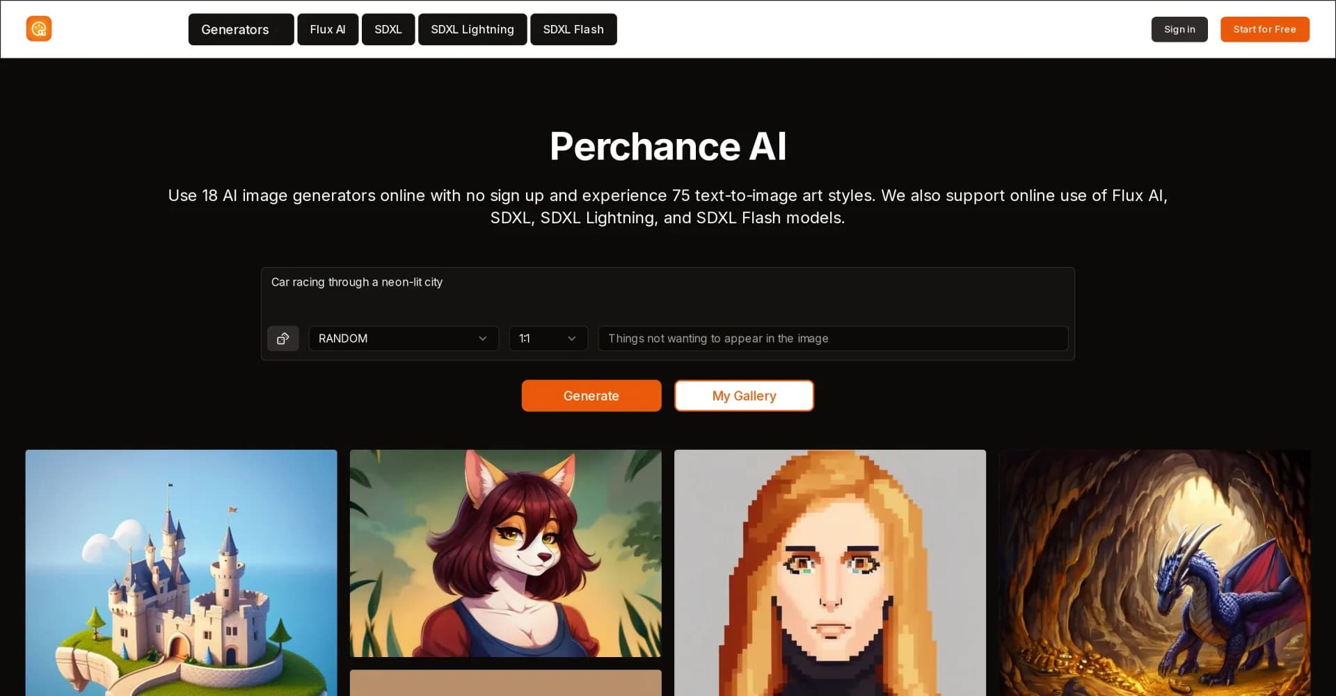 Perchance AI homepage screenshot — Free AI image generation with 18 tools and 75 styles.