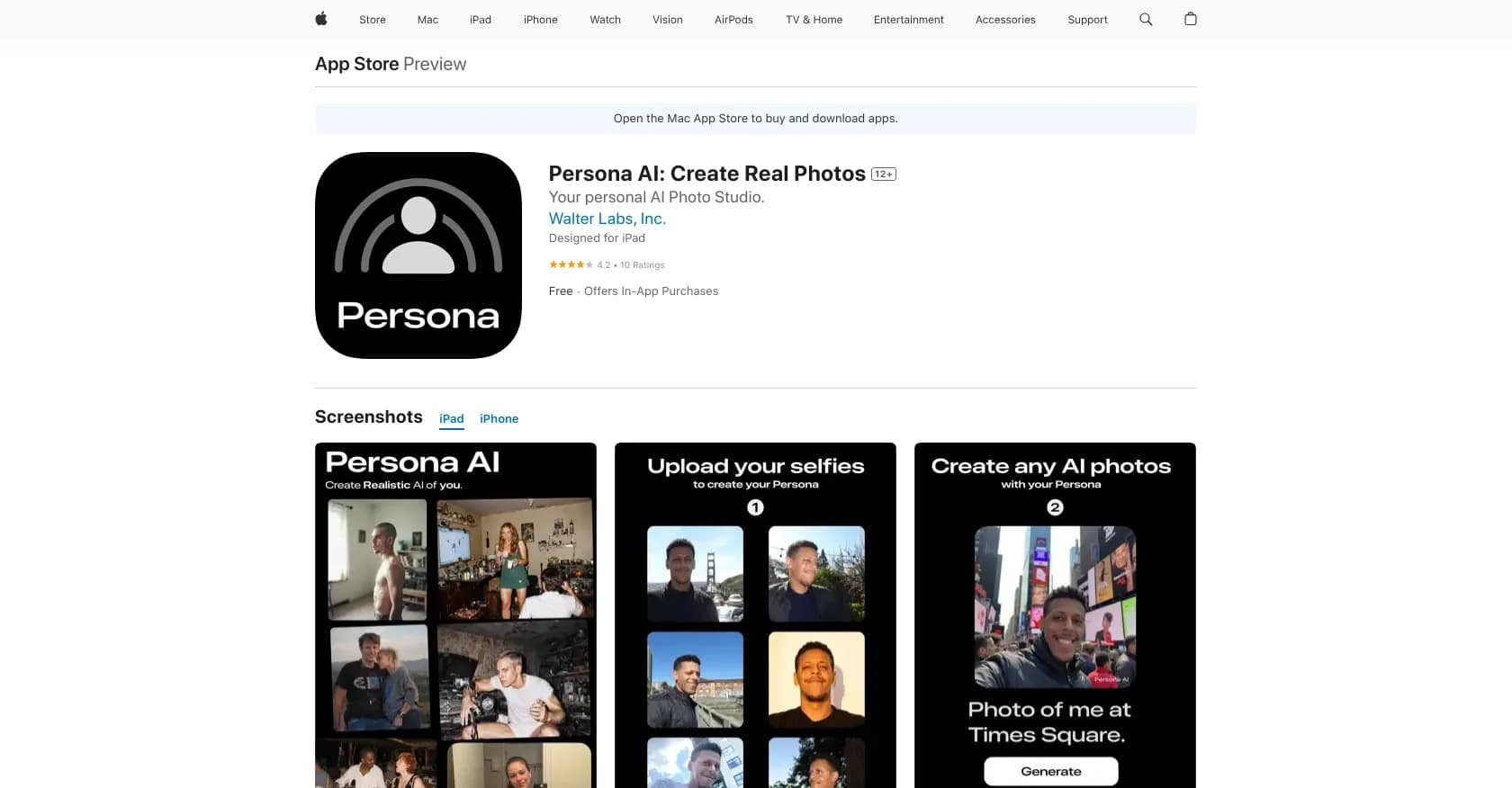 Persona AI homepage screenshot — Create stunning, lifelike photos with AI