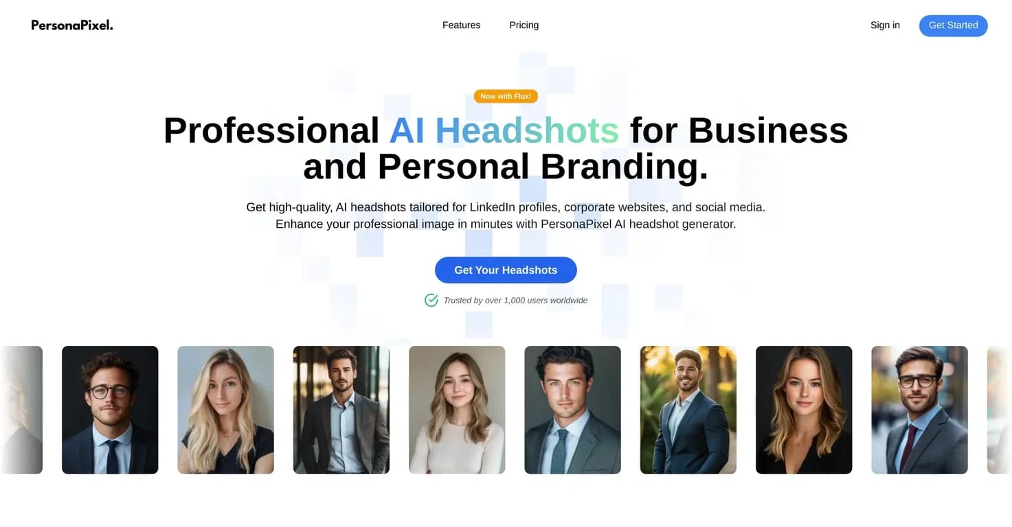 PersonaPixel homepage screenshot — AI headshots for instant professionalism.