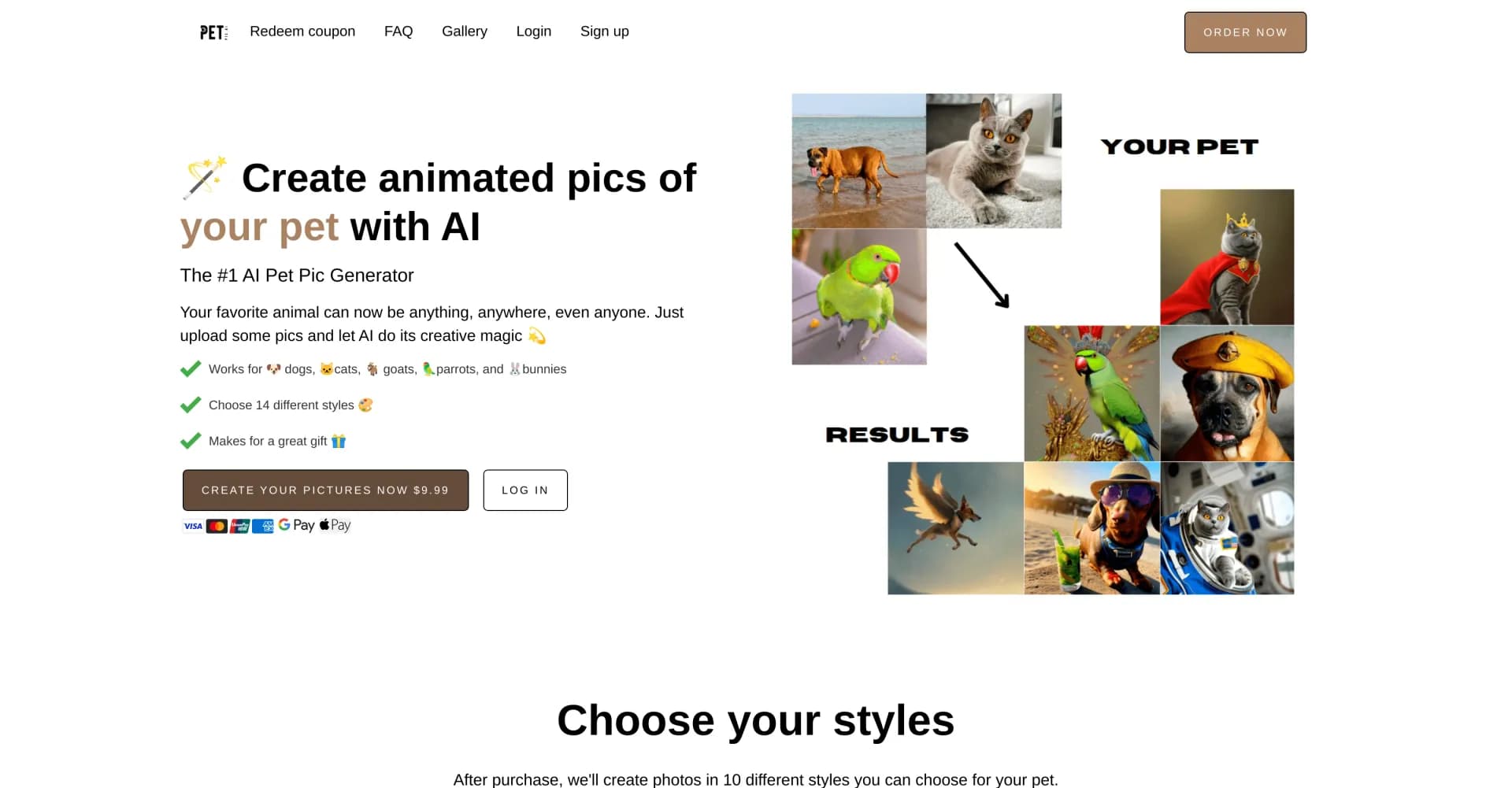PetPic homepage screenshot — Turn pets into anything with AI-powered creative pics.