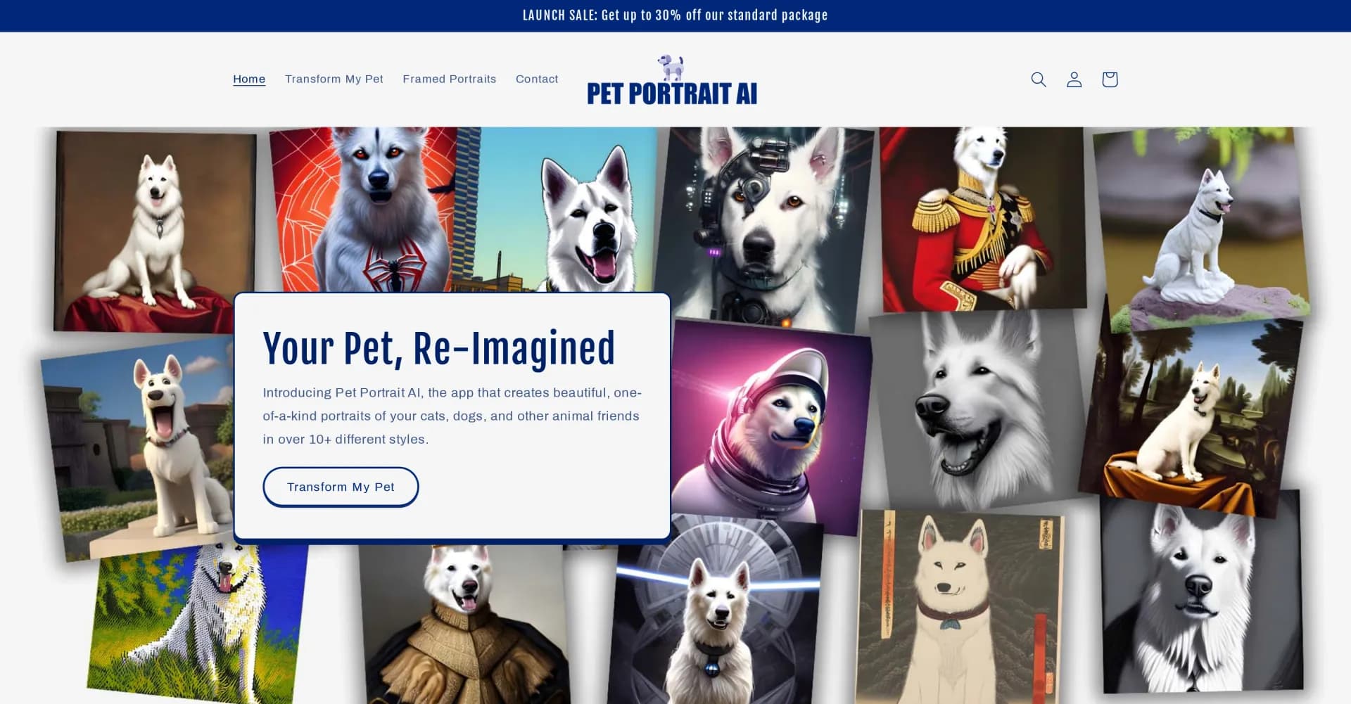 Pet Portrait AI homepage screenshot — Transform your pet into custom AI art