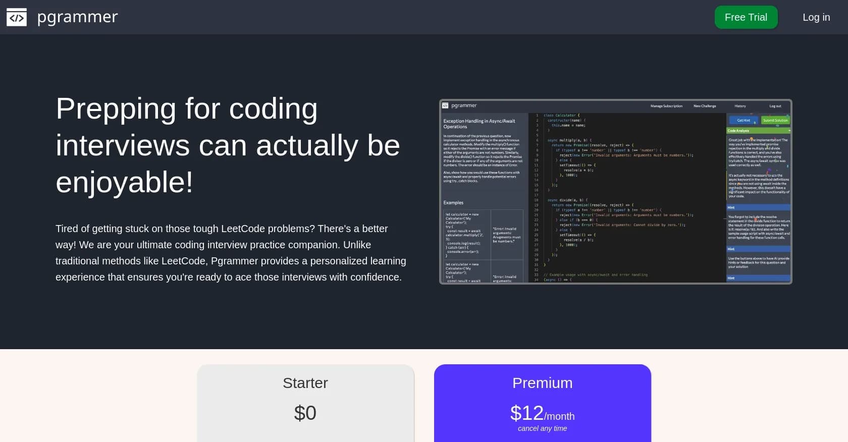 Pgrammer homepage screenshot — Practice coding interviews with AI-powered hints