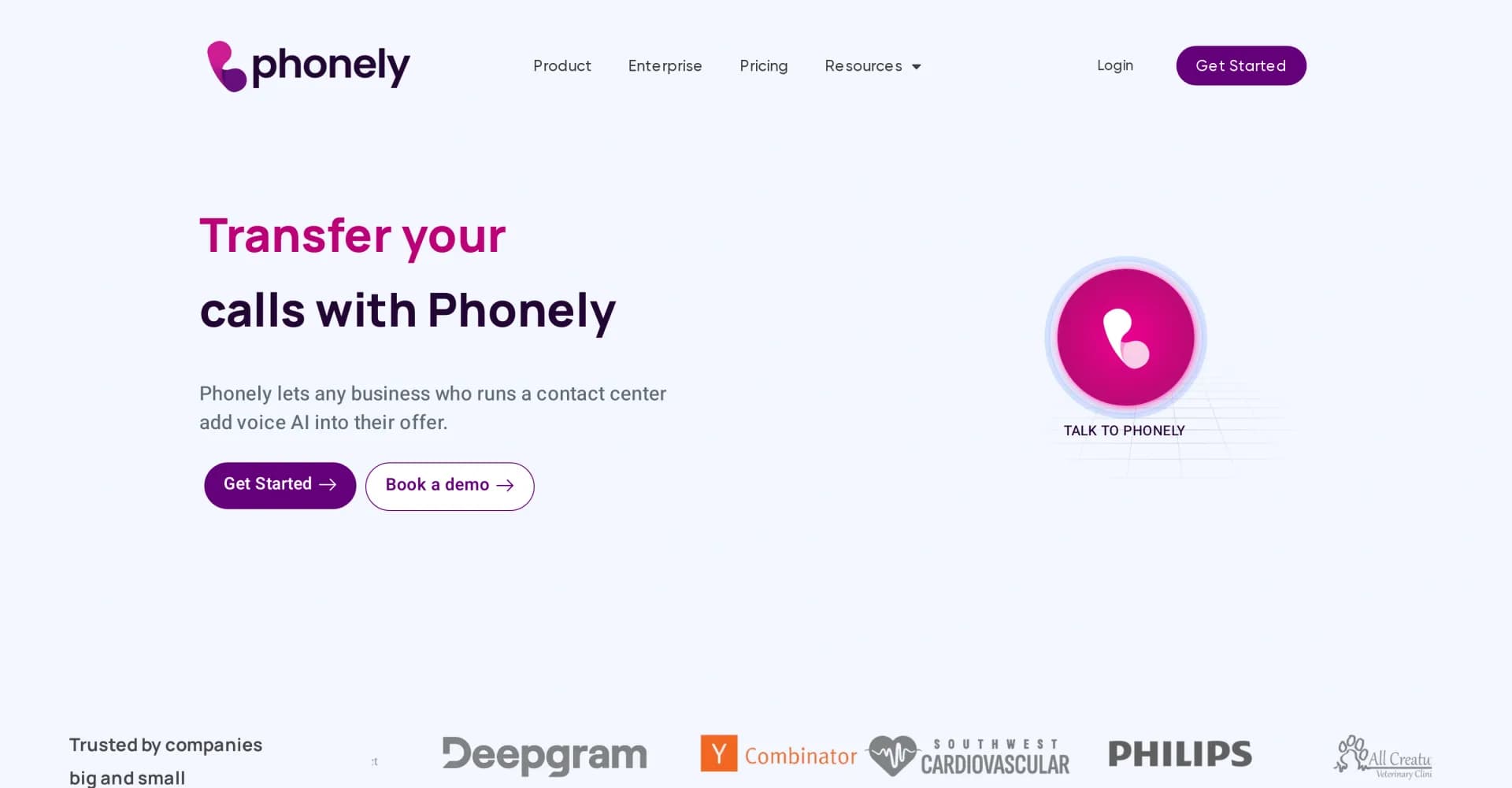 Phonely AI homepage screenshot — AI-powered answering services for seamless customer communic