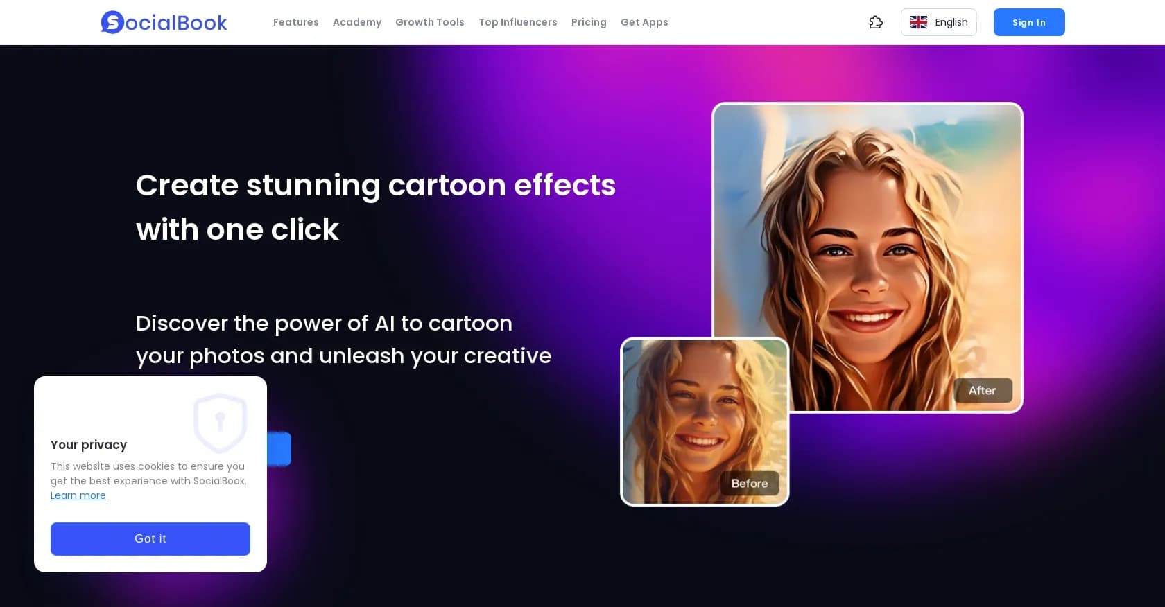 Photo to Cartoon homepage screenshot — Transform photos into cartoons instantly.