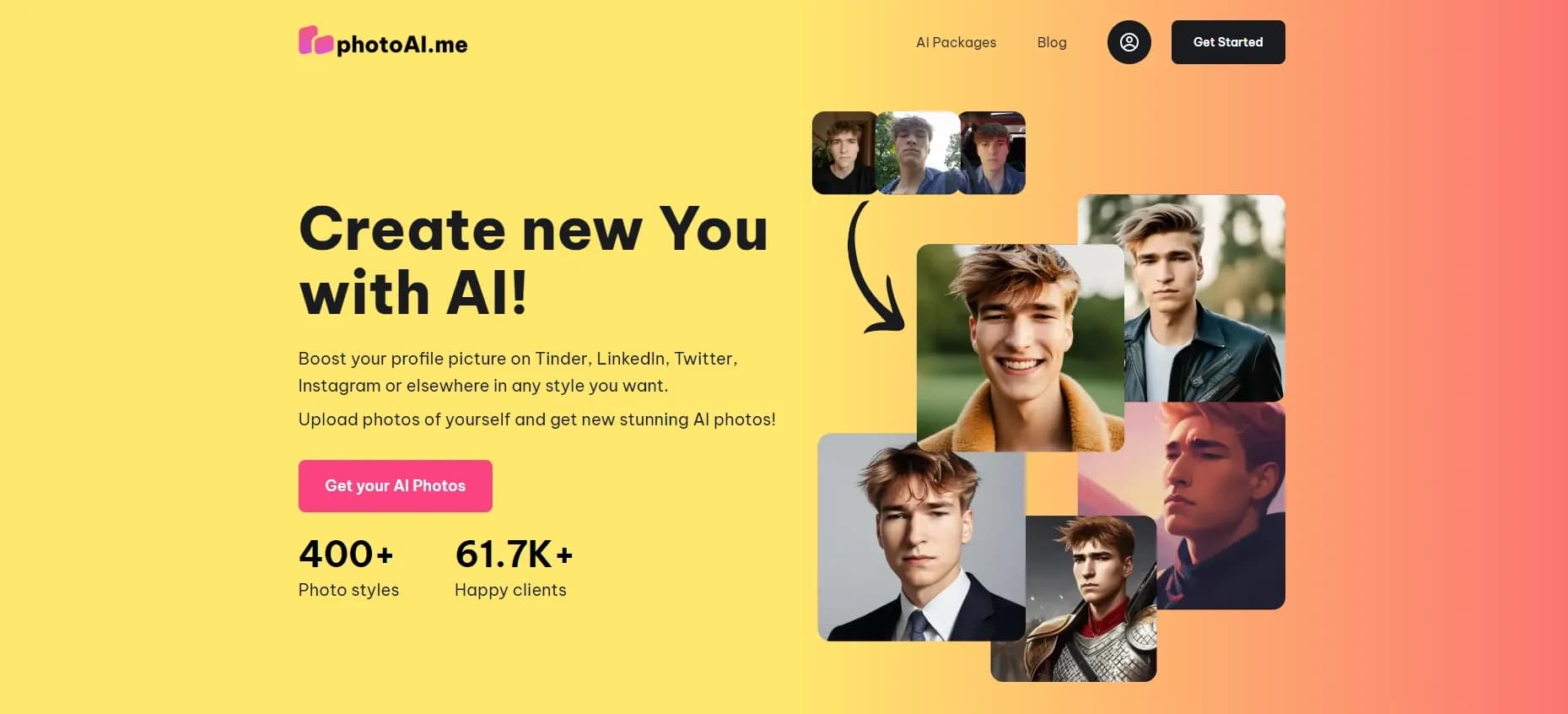PhotoAI homepage screenshot — Create AI-generated photos of yourself in 24 hours