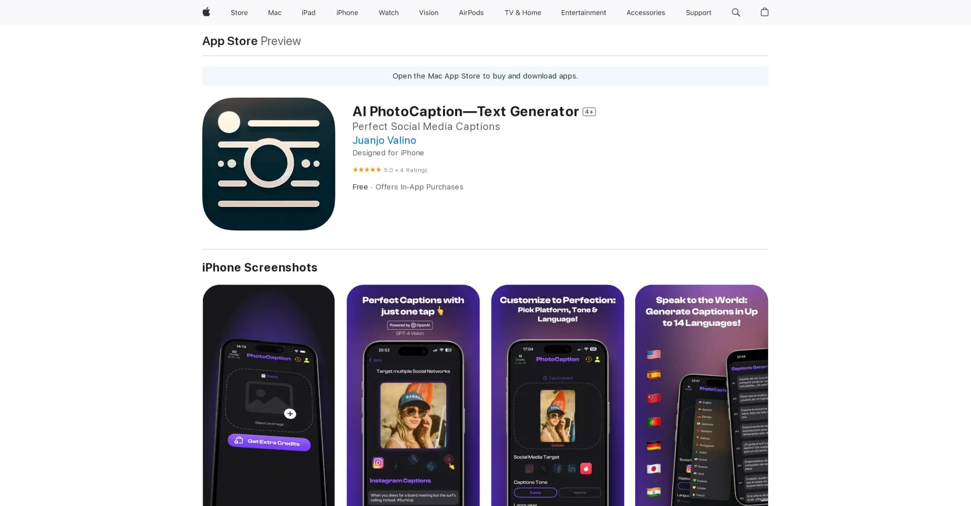 PhotoCaption AI homepage screenshot — Your photos speak a thousand words in multiple languages!