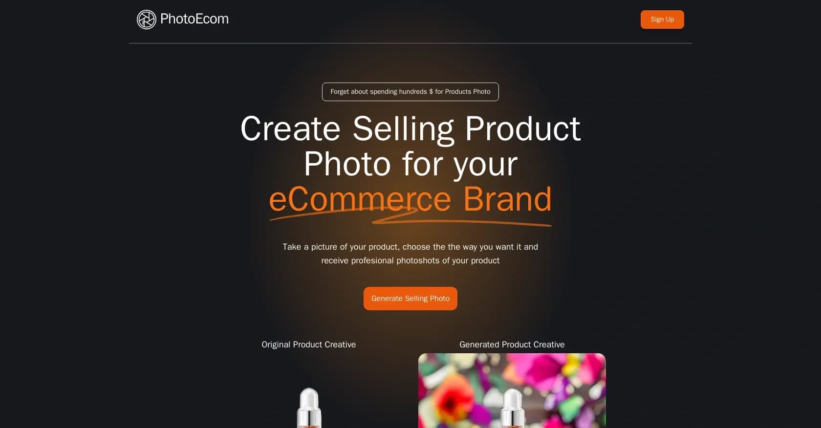PhotoEcom homepage screenshot — Create pro product photos for e-commerce instantly.