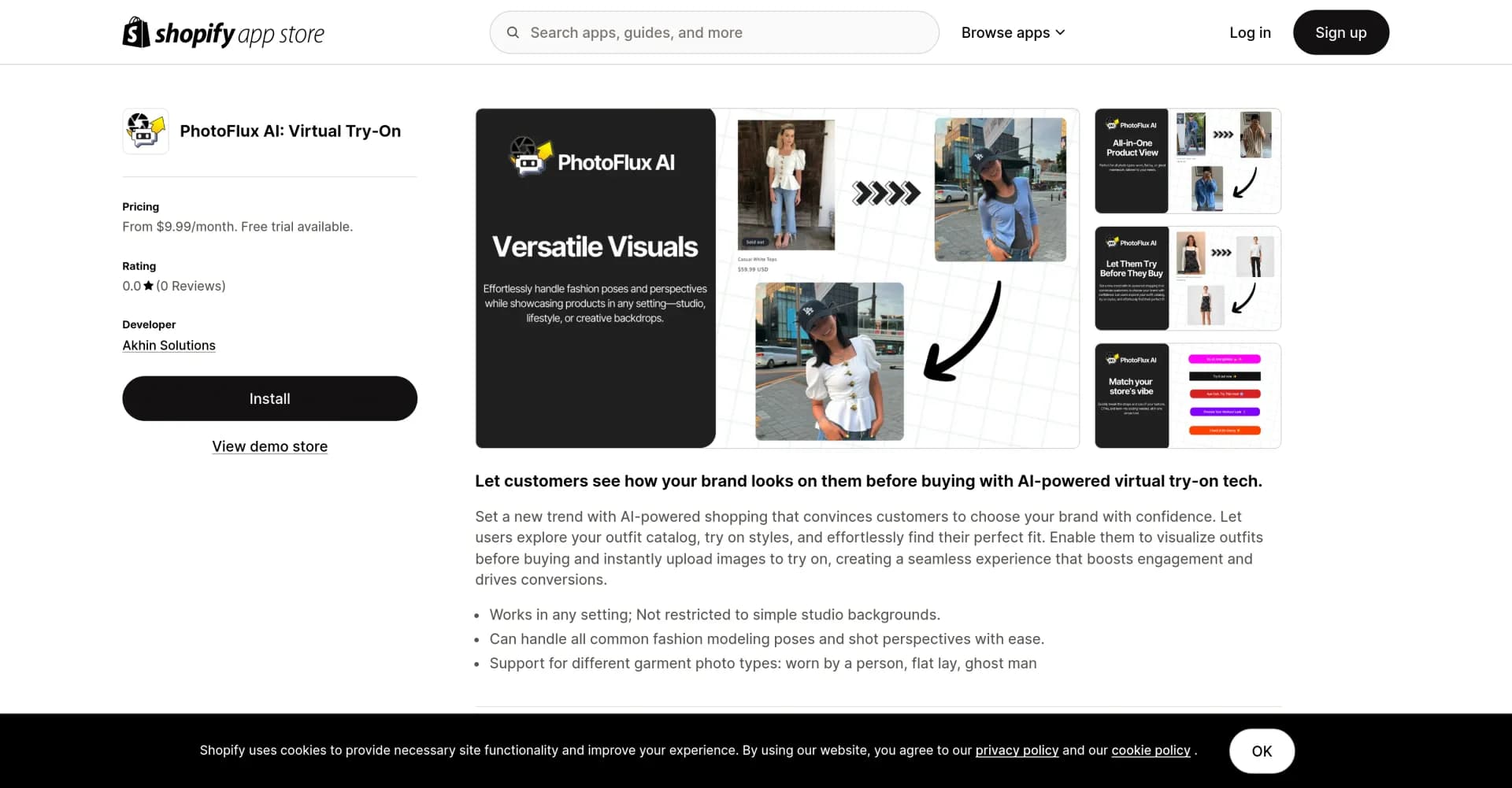 PhotoFlux AI: Virtual Try-On homepage screenshot — AI-powered virtual try-on for confident shopping