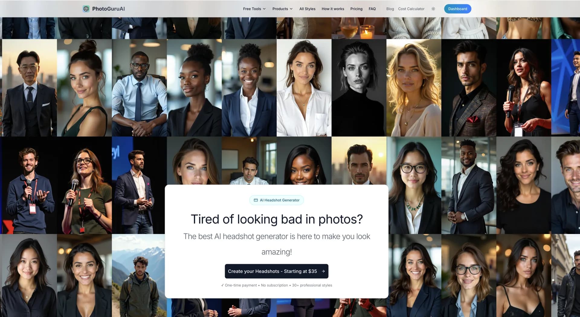 PhotoGuruAI homepage screenshot — Create professional AI headshots in seconds