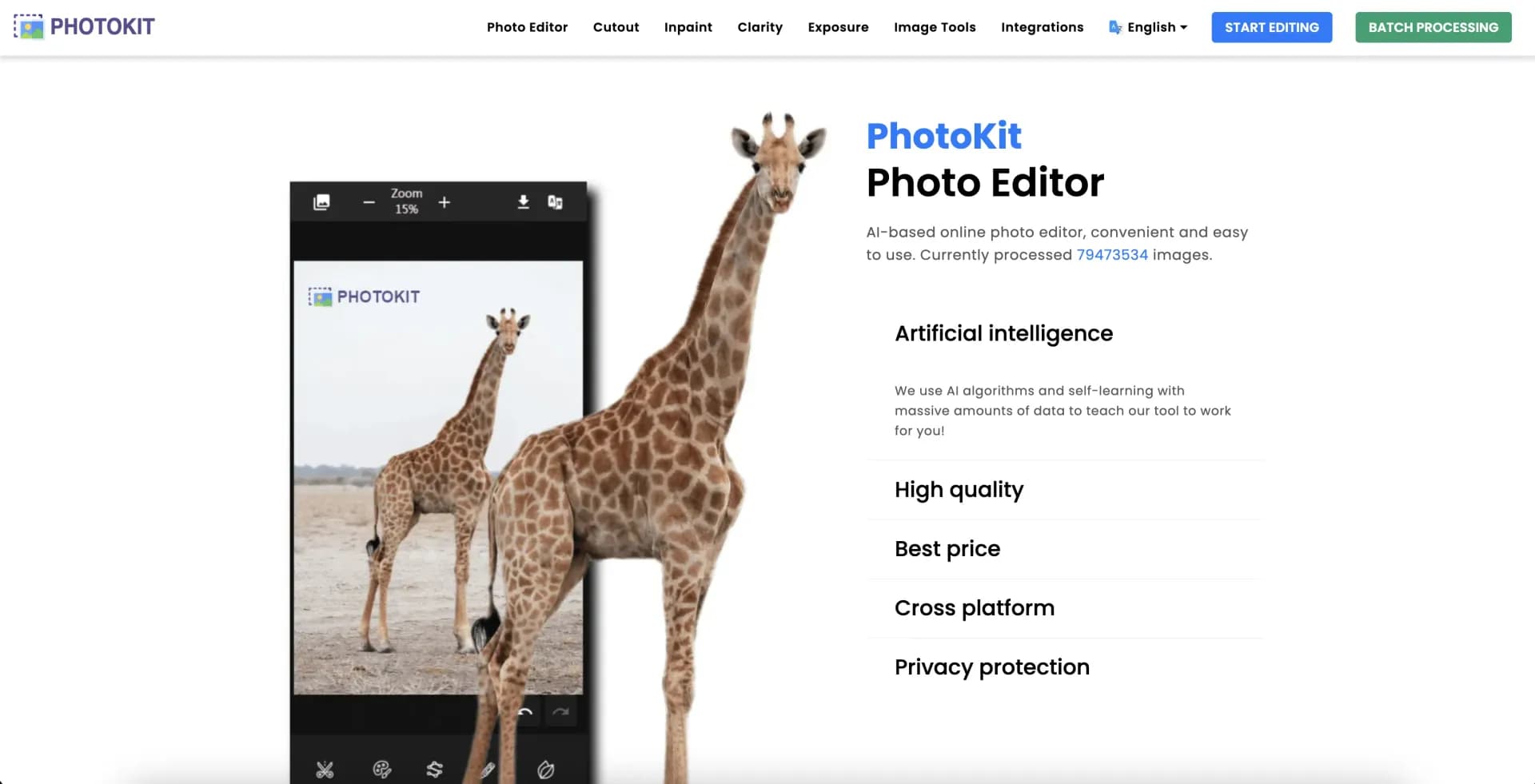 PhotoKit homepage screenshot — AI-powered online photo editing made easy.