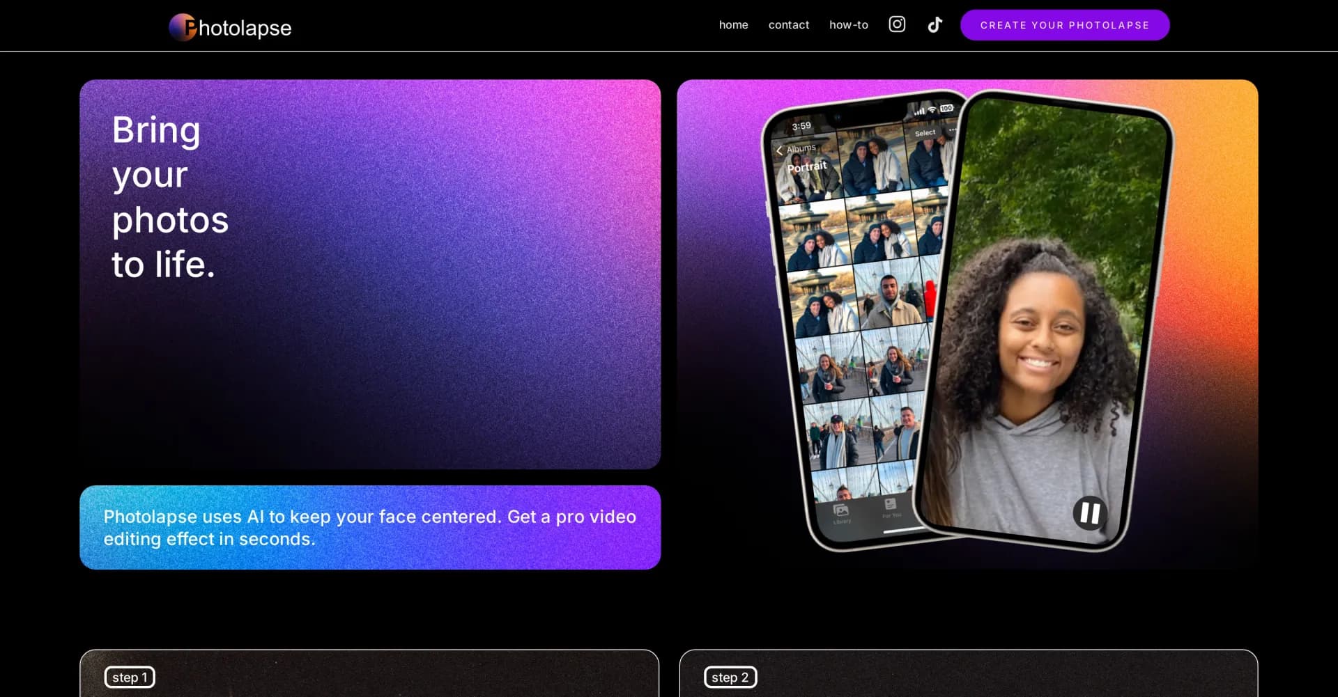 Photolapse homepage screenshot — Create face aging timelapse videos effortlessly.