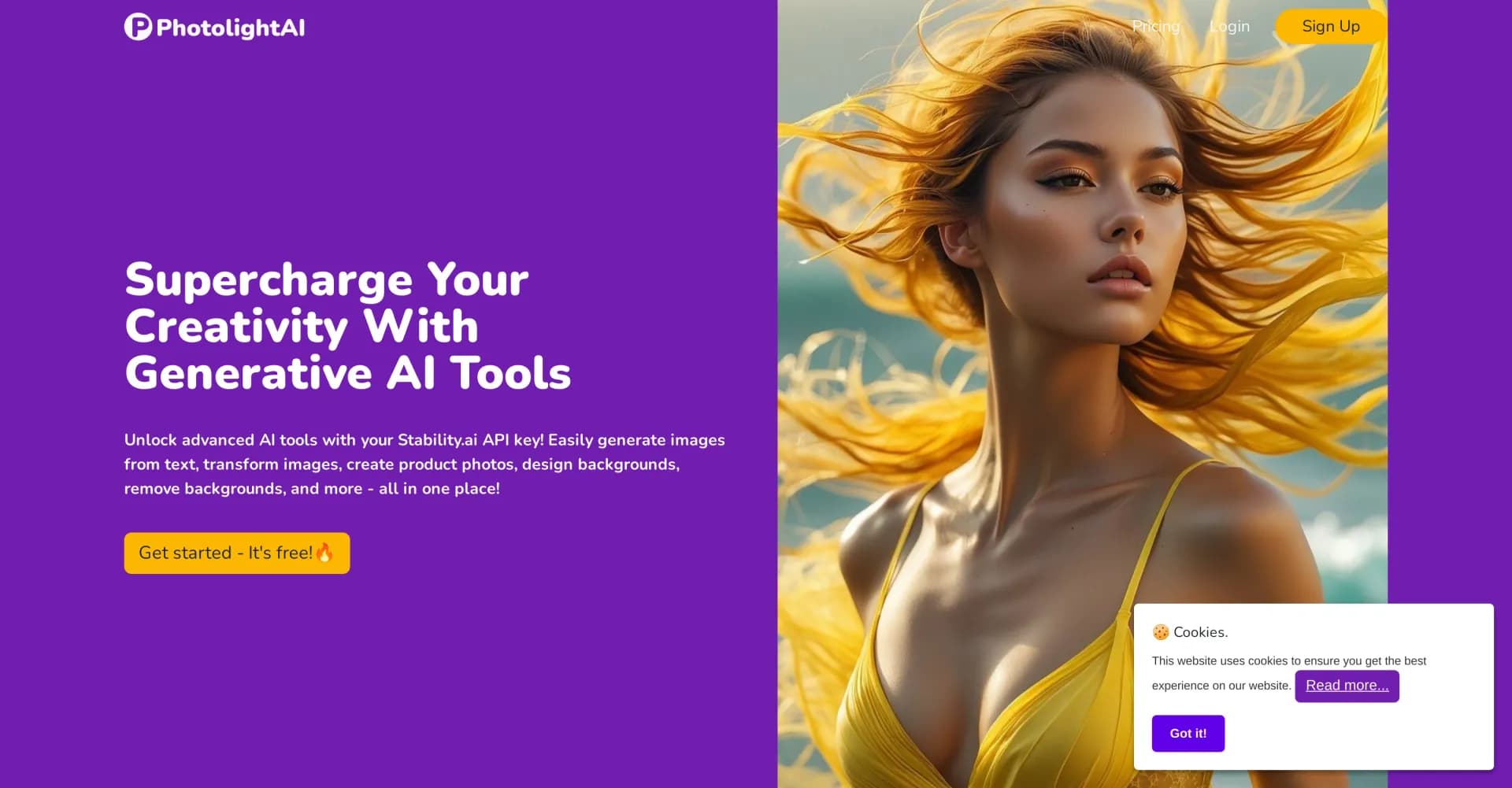 PhotolightAI homepage screenshot — Supercharge creativity with generative AI tools