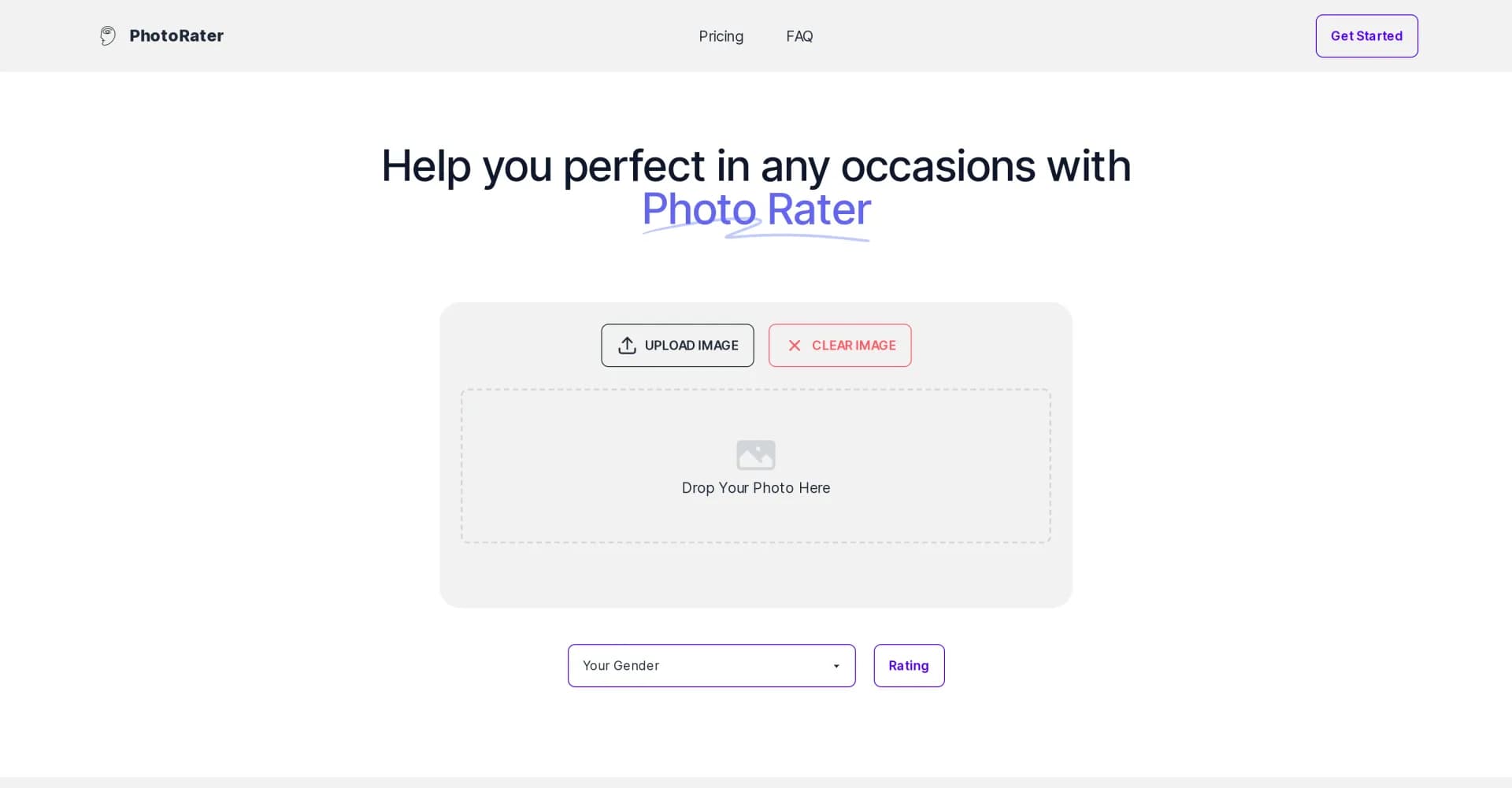 PhotoRater homepage screenshot — AI-powered photo rating for your best look